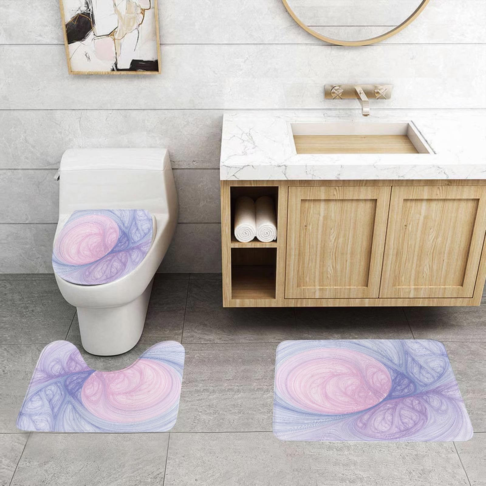 Set di 3 tappetini da Bagno, Lavabili in Lavatrice e Antiscivolo, in Morbida Fibra Superfine, con Motivo a Spirale.