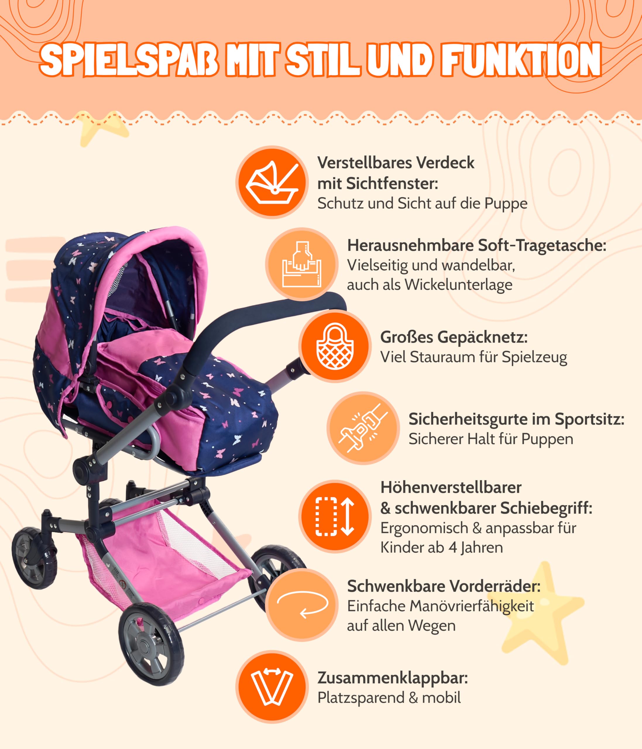 Bayer Chic 2000 587-33 Wózek dla lalek Jara, 2 w 1, dla dzieci w wieku od 4 do 8 lat, Butterfly, granatowo-różowy