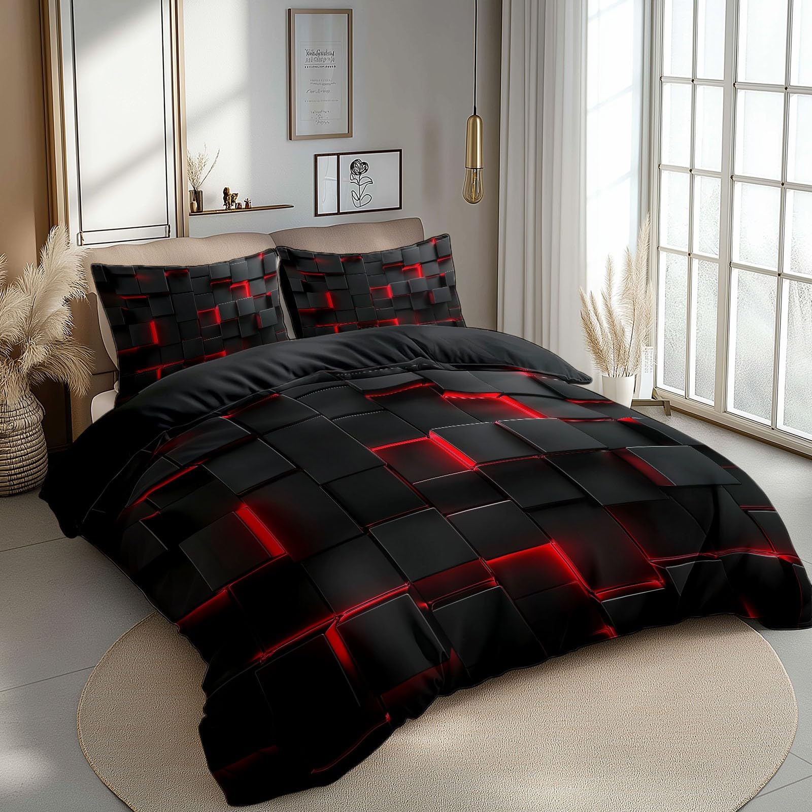 Juego de Funda Nordica Cama 135/150 Patrón Cubos Negros Y Rojos 3D Fundas Edredón, 220 x 240 cm Funda Nórdica y 2 x Fundas de Almohada de 50x75 cm Microfibra Suave Transpirable, Gris Oscuro