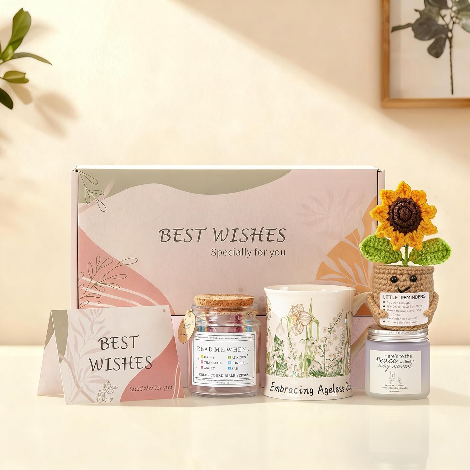 RainVibe Christian Birthday Gift Set for Women - Ceramic Mug, Bible Verse Jar, Scented Candle, Sunflower & Greeting Card - Religious Birthday Gifts for Mom, Friends, Sisters