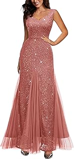Women's Elegant V Neck Sleeveless Sequin Lace Evening Party Dress