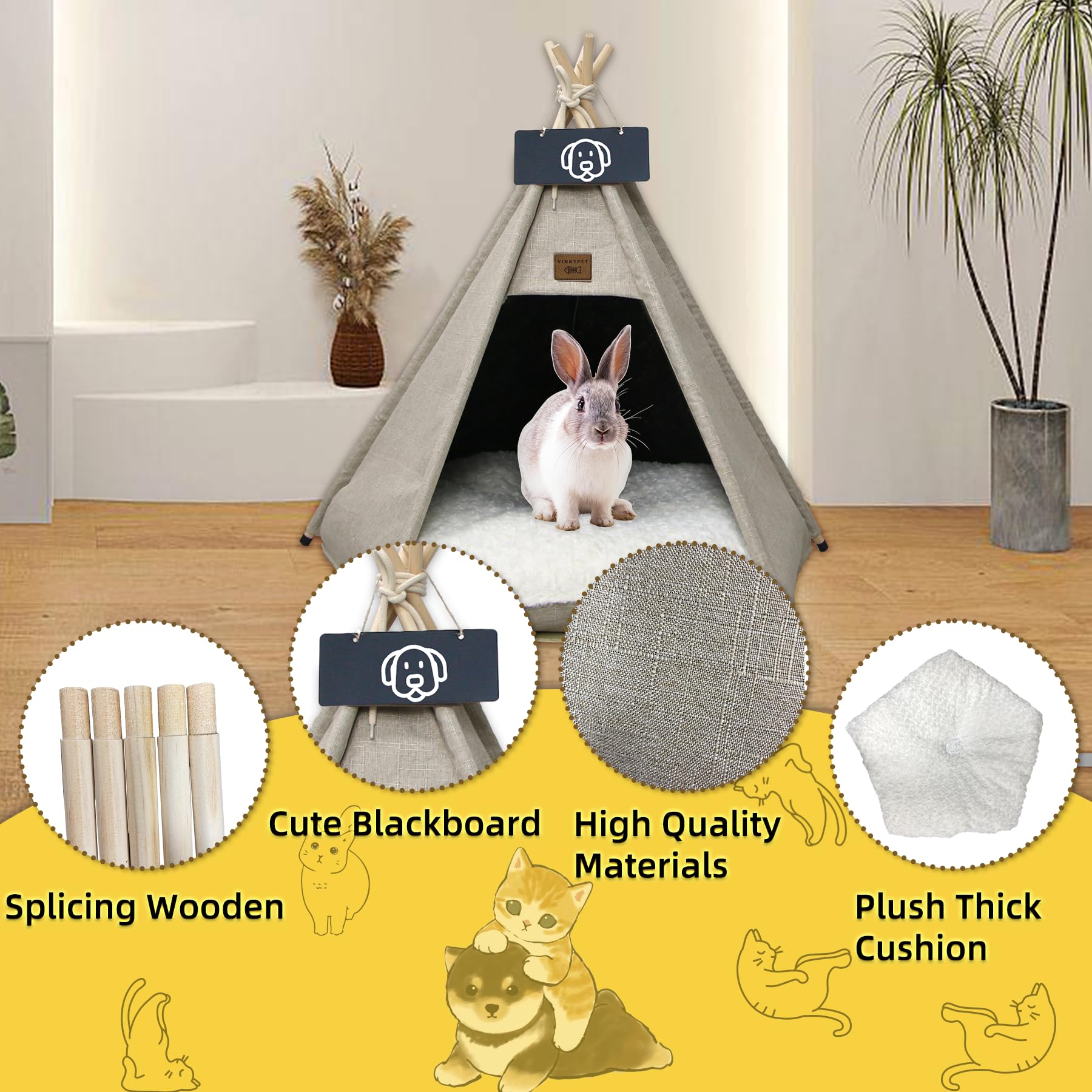 Tenda per Animali Domestici Tipi Tenda per Cani e Gatti Rimovibile e Lavabile Pet Teepee Tipi con Cuscino Peluche 60x60x70cm