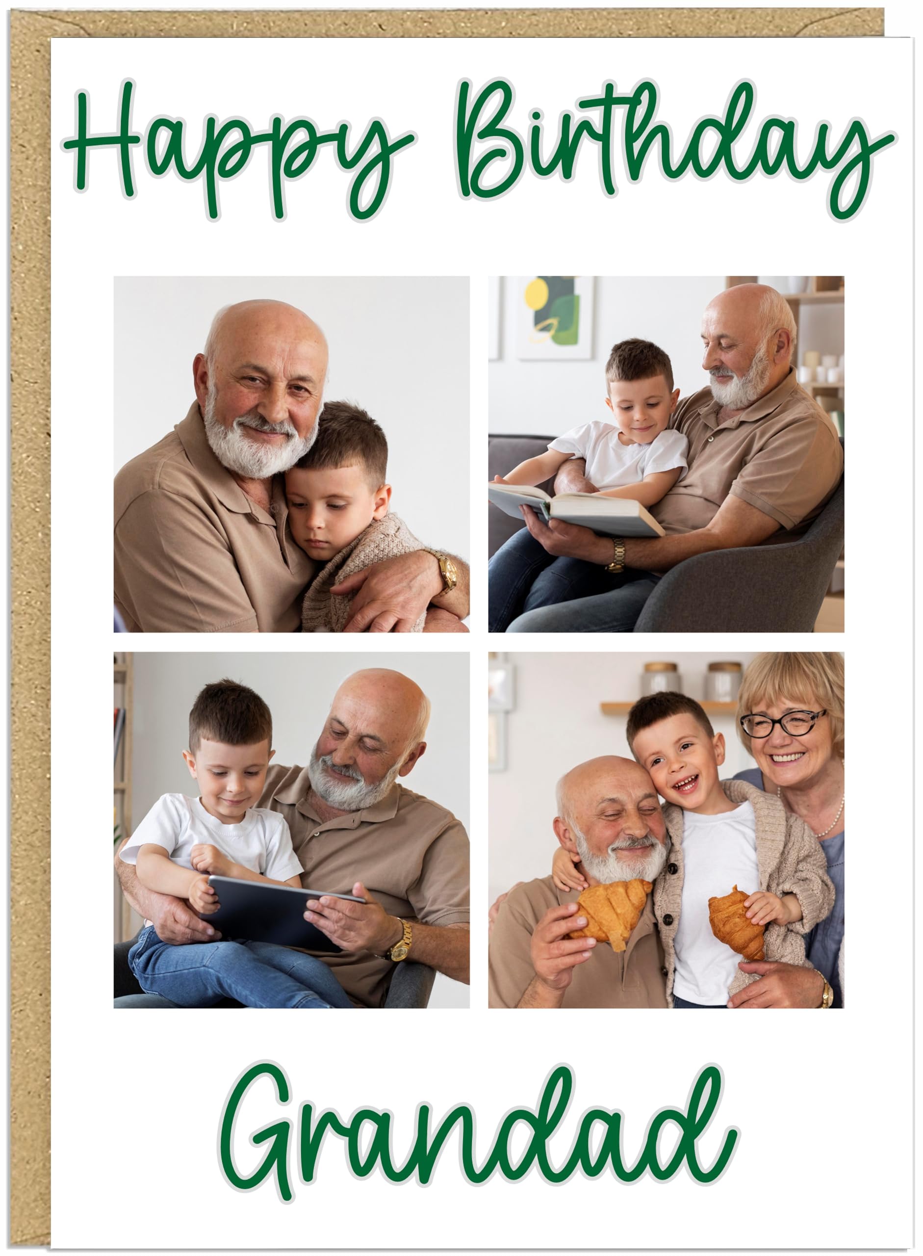 Men's Personalised Multi Photo Happy Birthday Card - 4 Custom Pictures & Name for Brother Dad Son Best Mate, Blue Grey Text A5 Greetings Cards For Boys Male Friends (Green)