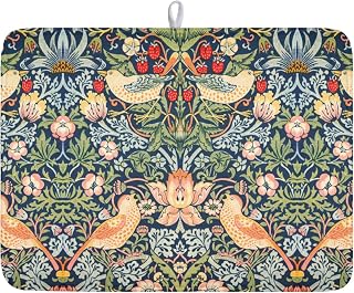 KSLIDS Strawberry Blue Green Art Floral Dish Drying Mat 18x24 Inch | Chinoiserie Bird Colorful Microfiber Absorbent Drying Mats Reversible Kitchen Countertop Protector Dishes Drainer Pad