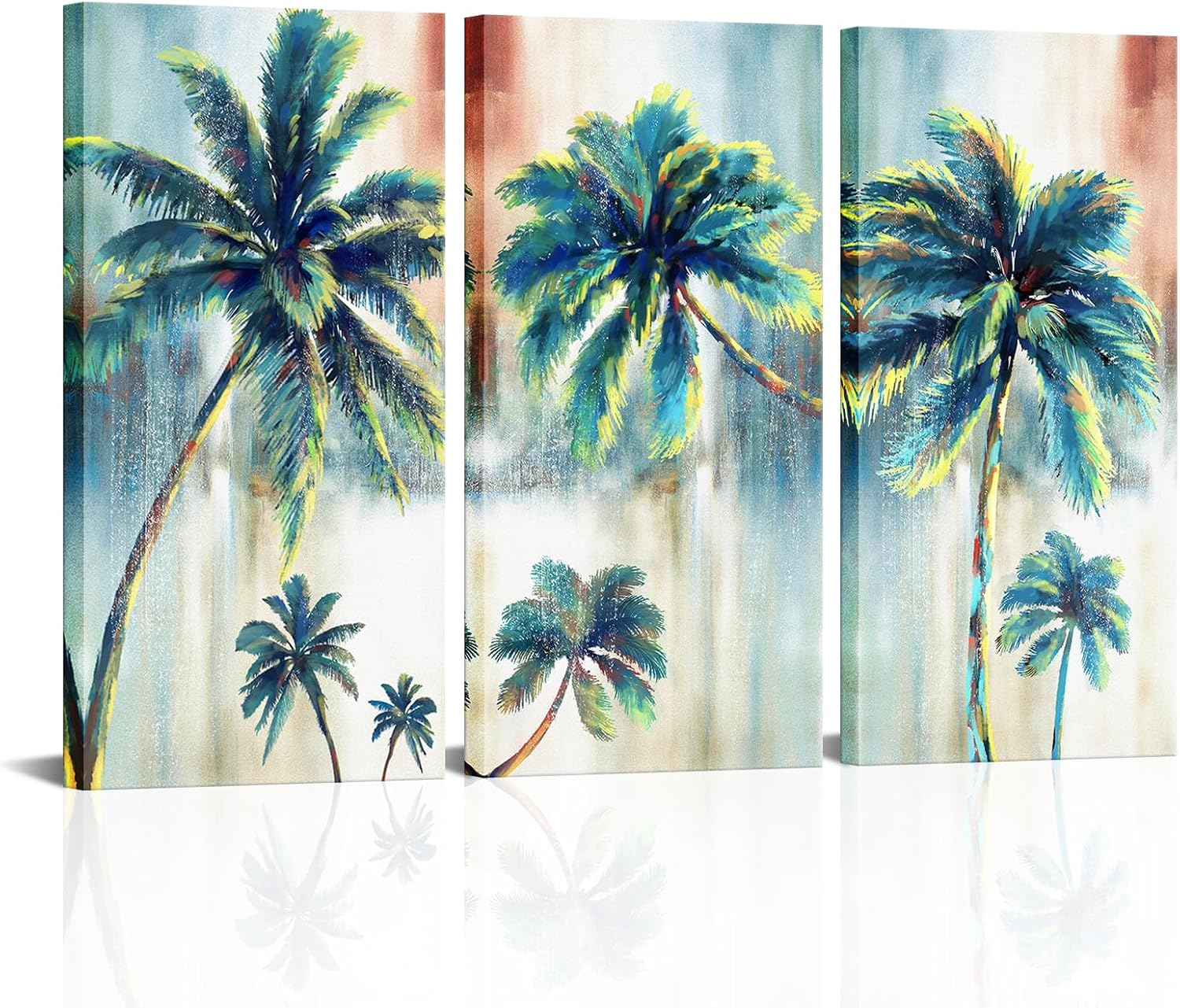 VANSEEING 3 Piece Palm Tree Canvas Wall Art Nature Tropical Leaves Artwork for Home Rustic Abstract Paintings for Living Room Bedroom Bathroom Framed Printed poster pictures 16x32inchx3 PCS