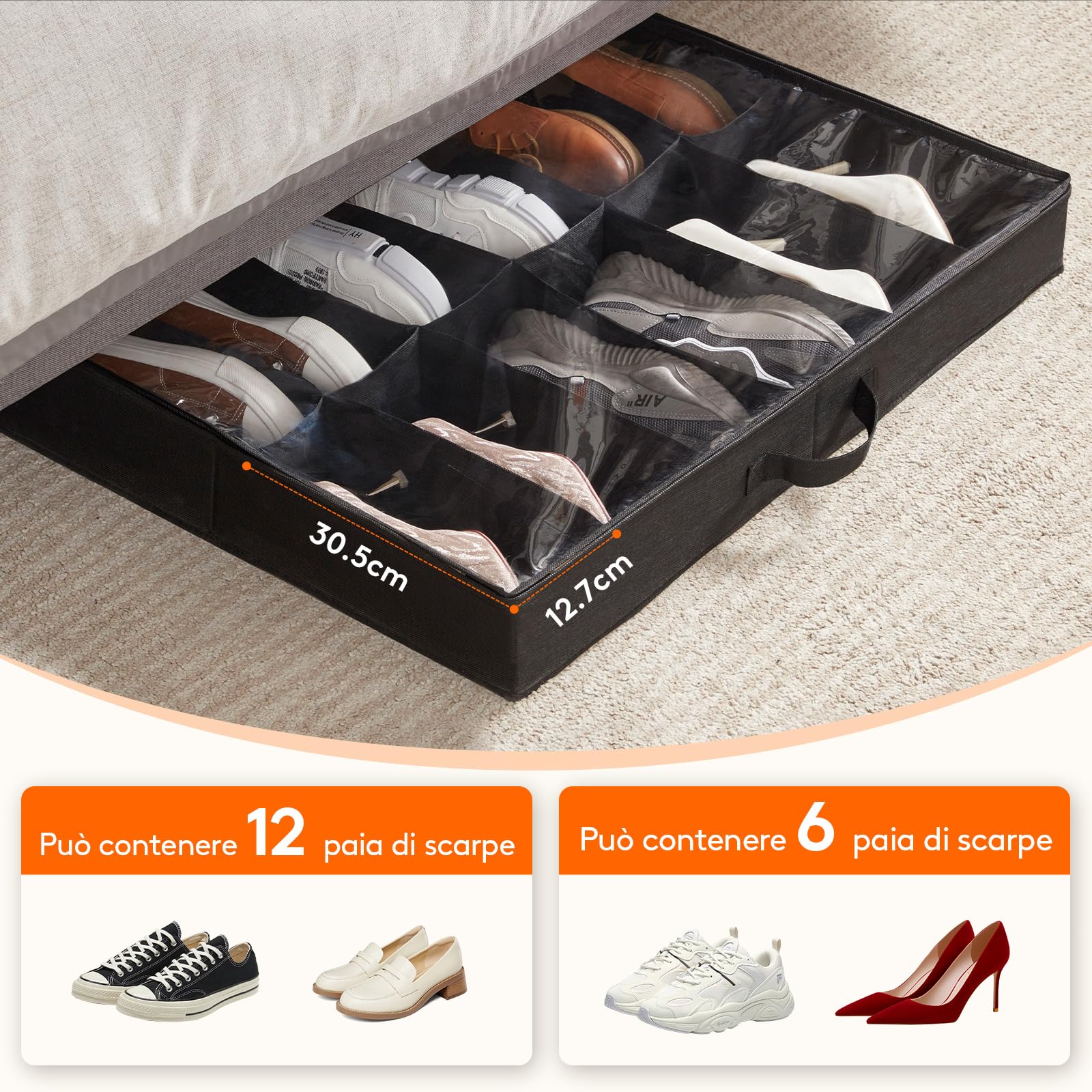 Lifewit Scatole per Scarpe con Finestra Trasparente, 12 Paia + 4 Paia, Contenitori Portaoggetti Pieghevole Sottoletto per Scarpe, Organizer per Scarpe con Manici Salvaspazio, Nero