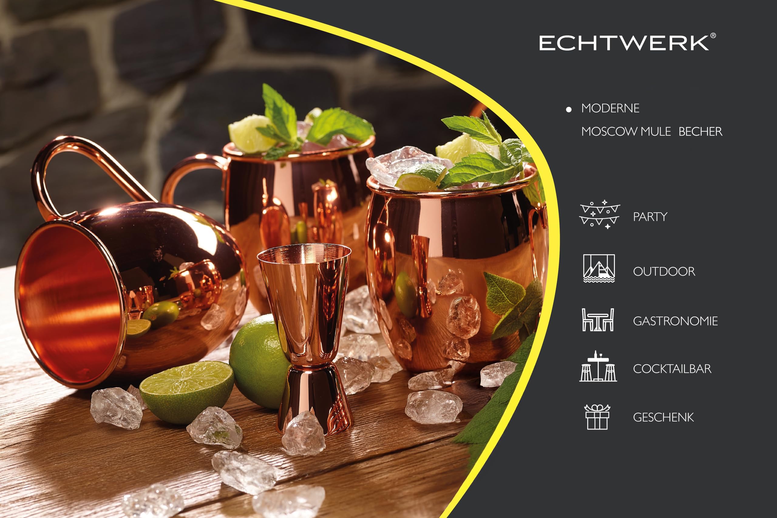 ECHTWERK Moscow Mule set di 5 tazze di rame in acciaio inossidabile, Bicchieri da cocktail, 4x tazze in rame 500 ml, 1x jigger 2 cl/4 cl, argento