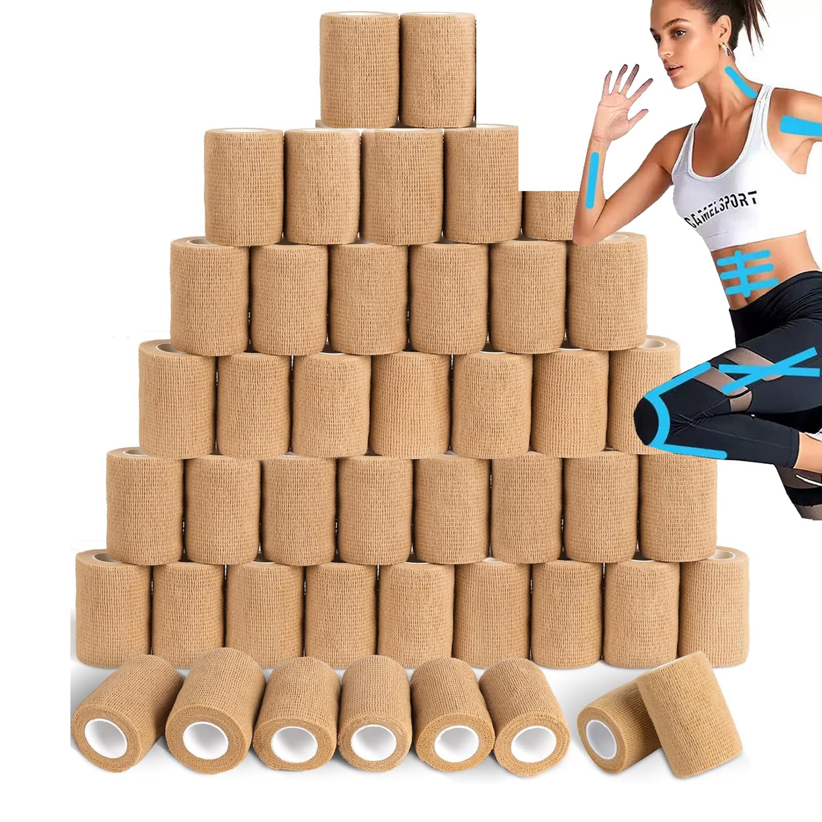 54 Rouleaux Bande Cohésive 10 cm x 4,5 m Bandage Autoadhésif Cohésifs Bande Pansements Vet Wrap Chien Cheval Chat Élastique des Sports Bandage pour Doigt Poignet ou La Cheville (Tan)