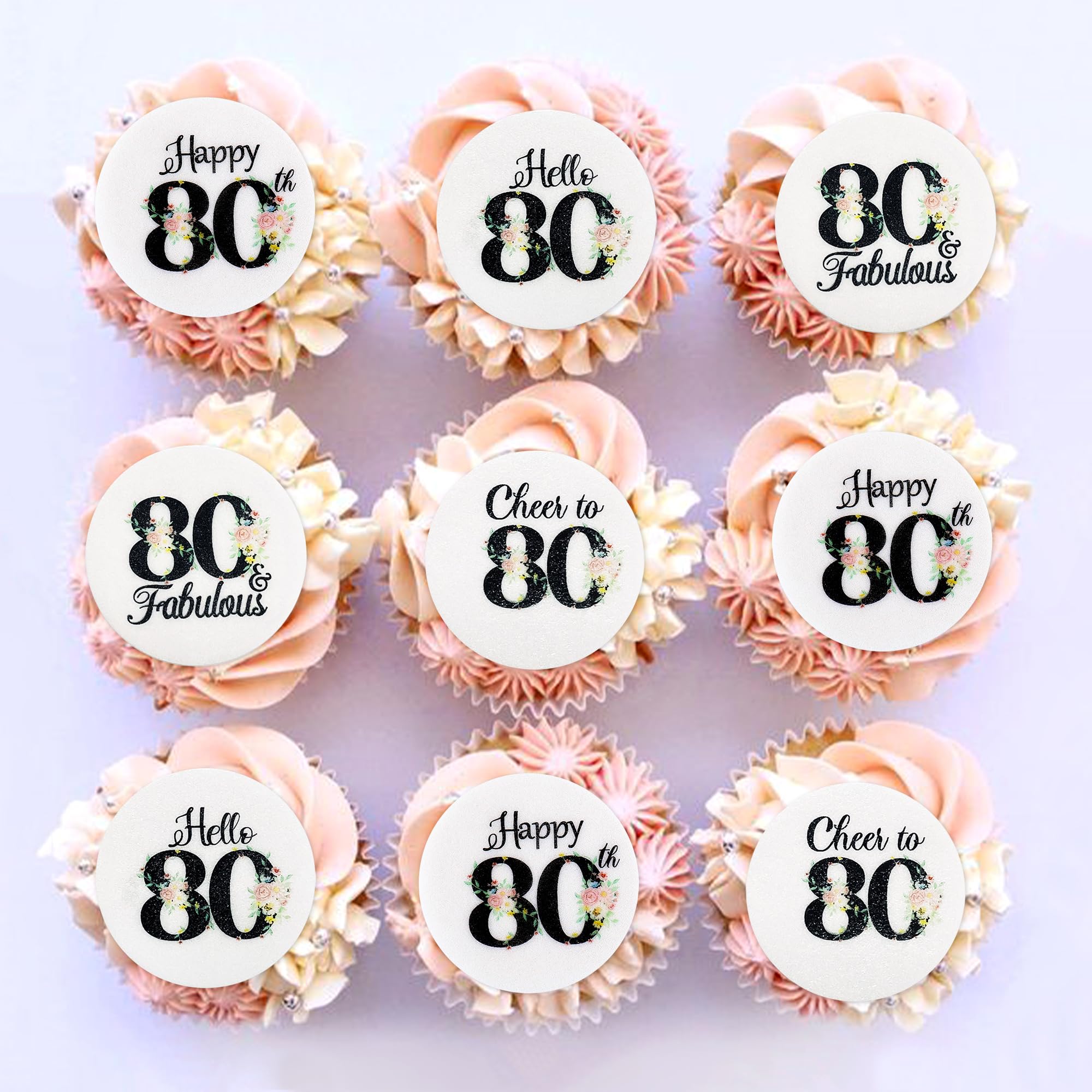 40 Pack Edible 80th Birthday Cupcake Toppers Edible Glutinous Rice Paper Happy 80th Birthday 80 Fabulous Drink Toppers Women Men Party Anniversary