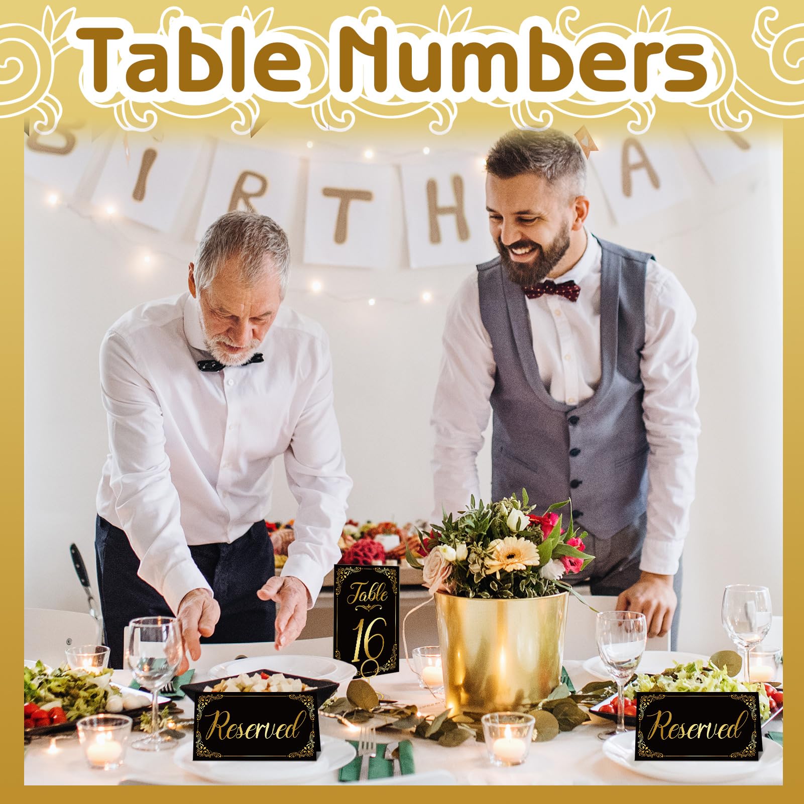 50 juegos de números de mesa de boda con soportes para números de mesa y letrero de mesa reservado, tarjetas de números de mesa dorados para recepciones de boda, aniversario, fiesta de