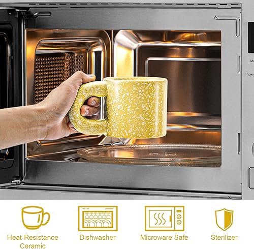 Miniatura 4 de CREATIVELAND Juego de 4 tazas de café de cerámica amarillas de 10 onzas, tazas de café hechas a mano de cerámica con asa para café con leche,