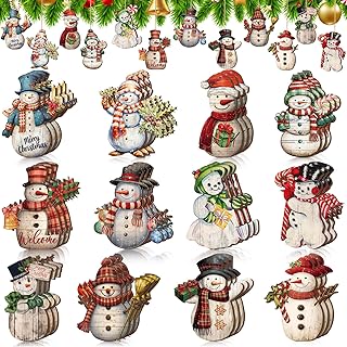 Huwena 36 Pcs Christmas Winter Snowman Ornaments for Tree Snowman Christmas Decorations Wooden Cutouts Wooden Tree Ornaments for Holiday Winter Xmas Party Supplies(Rustic)