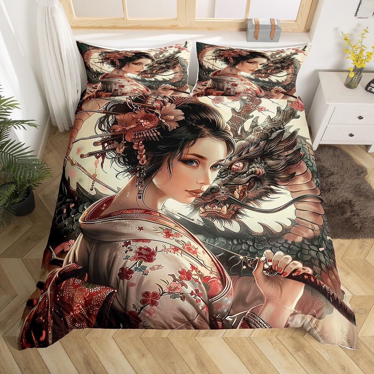 Japanese Samurai Girly Duvet Cover Set Double Size,Western Dragon Wild Animal Bedding Set,Girls Women Room Decor,Japan Ukiyoe Cherry Blossom Comforter Cover,Beige,2 Pillowcases,No Comforter โ image 1