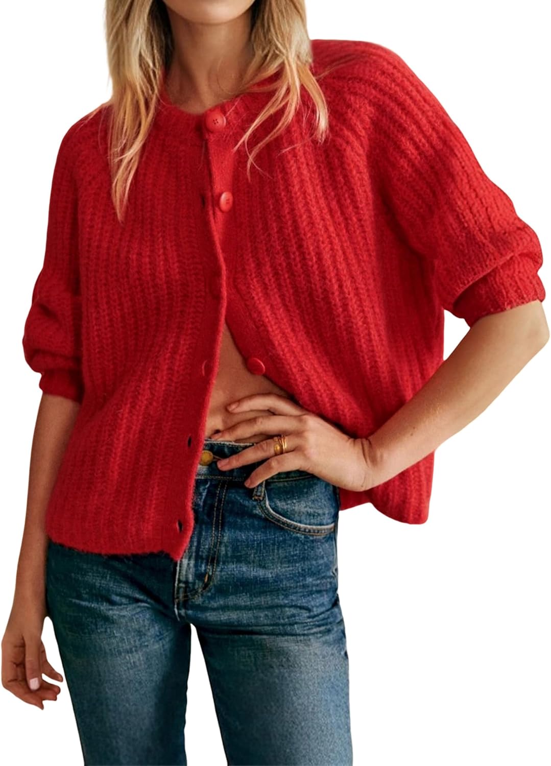 Women's Casual Puff Long Sleeve Crew Neck Cardigan Button Down Open Front Knit Loose Sweater Outwear