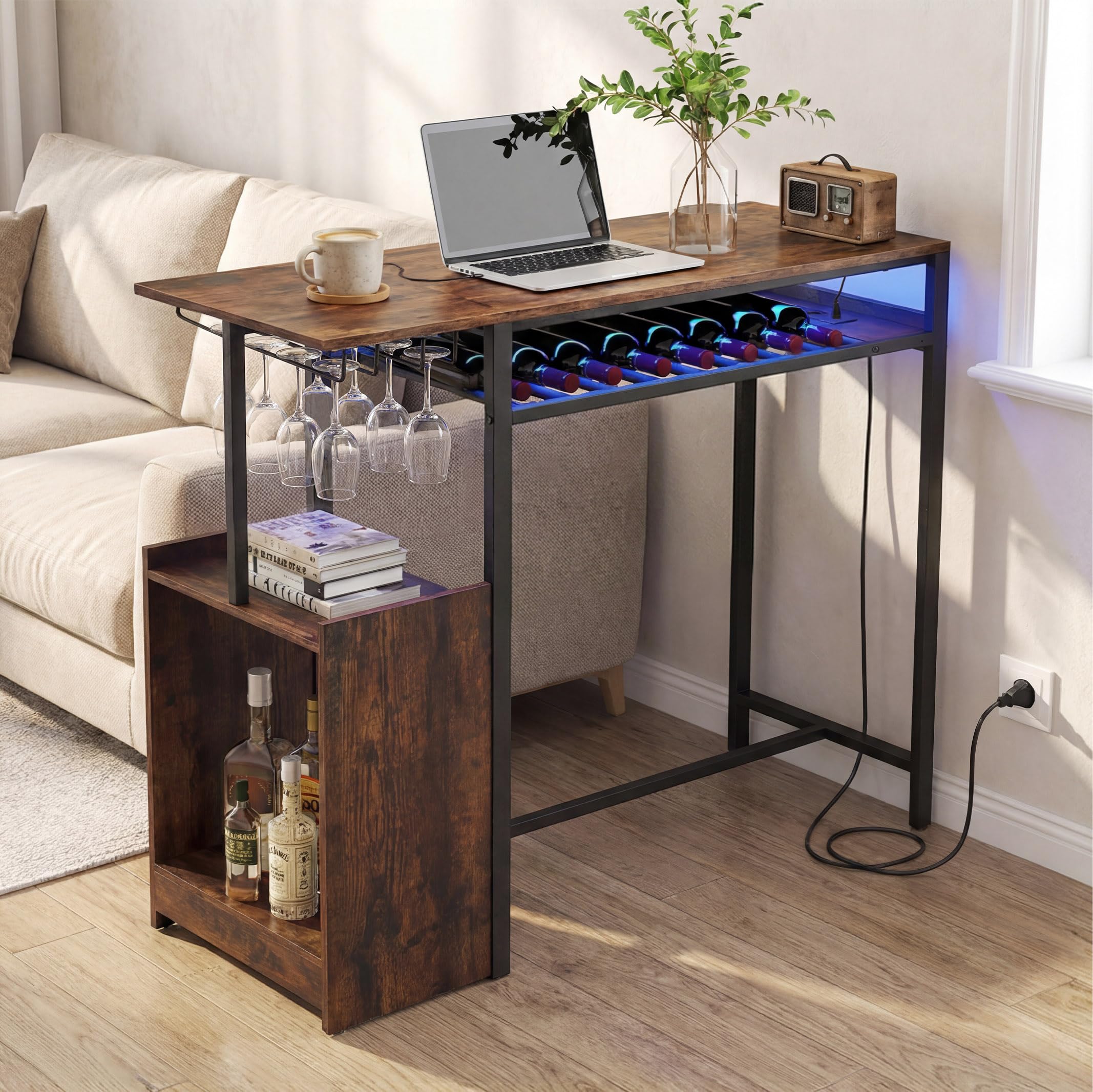 COSTWAY Tavolo da Bar con Luce Regolabile, Tavolino Alto con Stazione di Ricarica, Portabottiglie e Portabicchieri, Tavolino da Cucina per Soggiorno e Sala da Pranzo, 110 x 40 x 92 cm