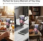 DUSVALLY 17oz Ceramic Travel Mug with Lid, Hydrangea Floral Coffee Mug with Handle, Large Ceramic Tea Cup, Microwave & Dishwasher Safe, Gift Box Included