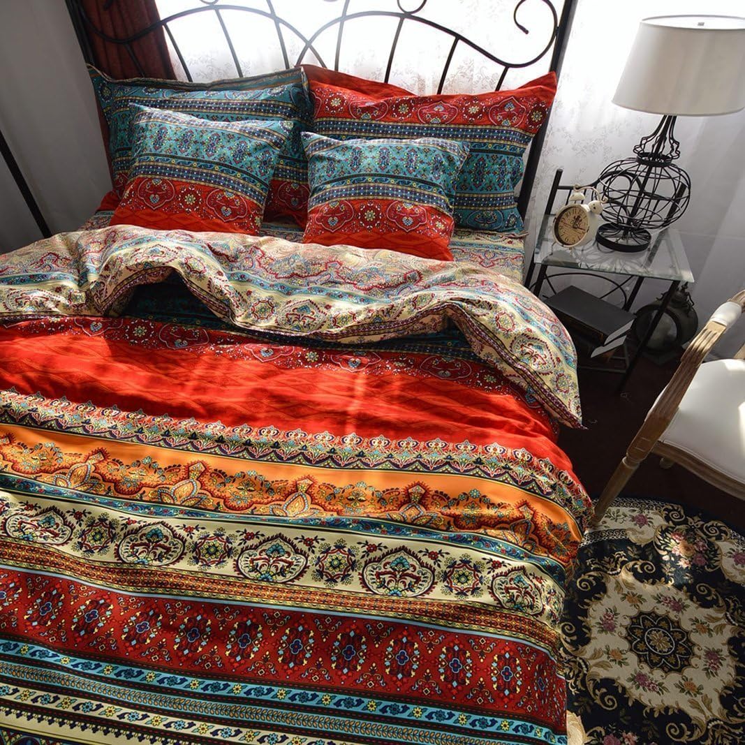 Norson Boho Style Bedding Set Bohemian Ethnic Exotic Style Bedding Set Colorful Striped Duvet Cover Set Moroccan Style Bedding 4pcs (Queen, Fitted Sheet)