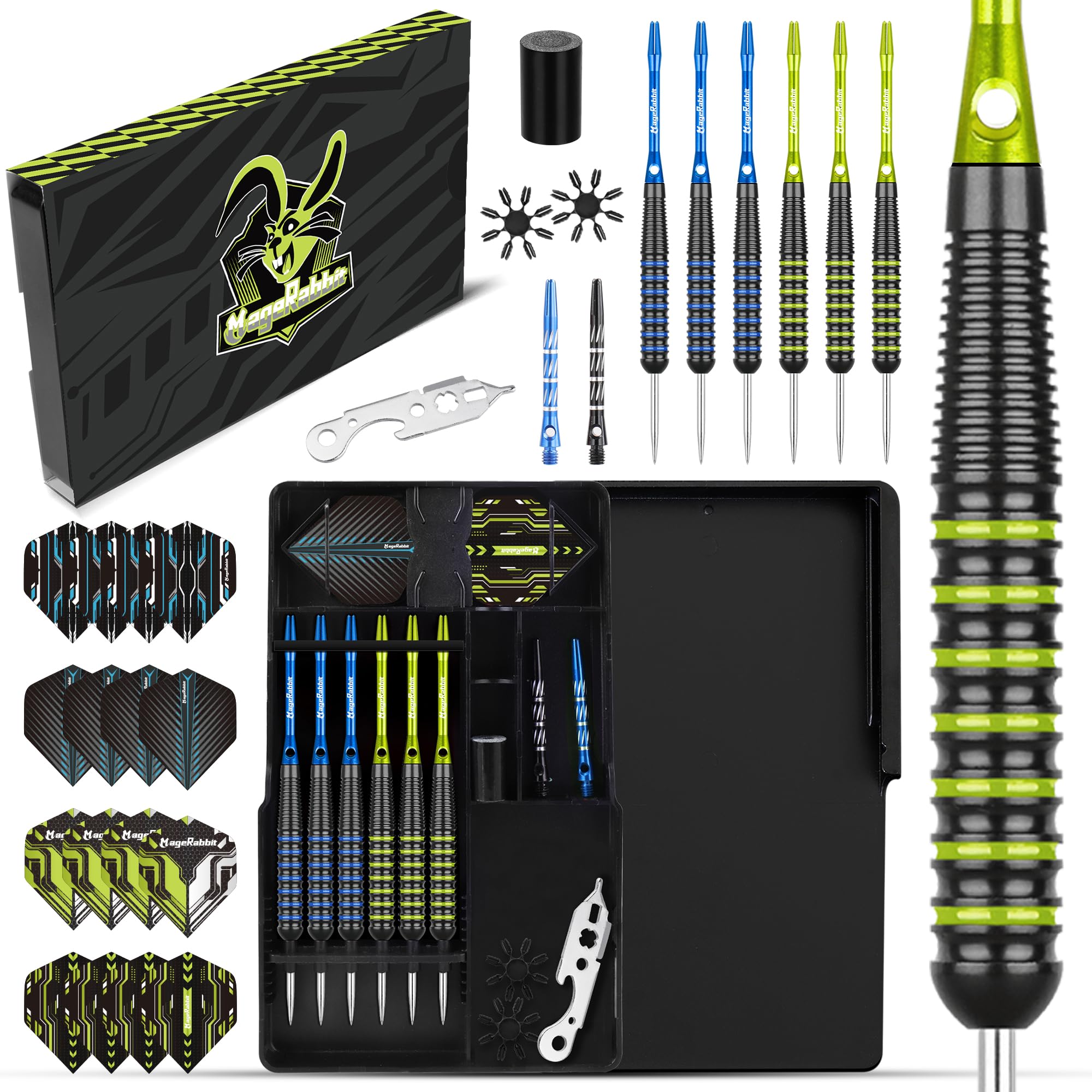 MageRabbit Professional Metal Tip Darts 6Pcs 22g, Tournament-Grade Steel Tip Darts with Extra16 Dart Flights, 8 Shafts & Sharpener ?Complete Dart Accessories Kit for League Play