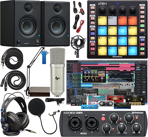 PreSonus AudioBox 96 Interfaz de audio completo de estudio incluye kit de software, controlador ATOM MIDI, monitores Bluetooth Eris de 3,5 pares y