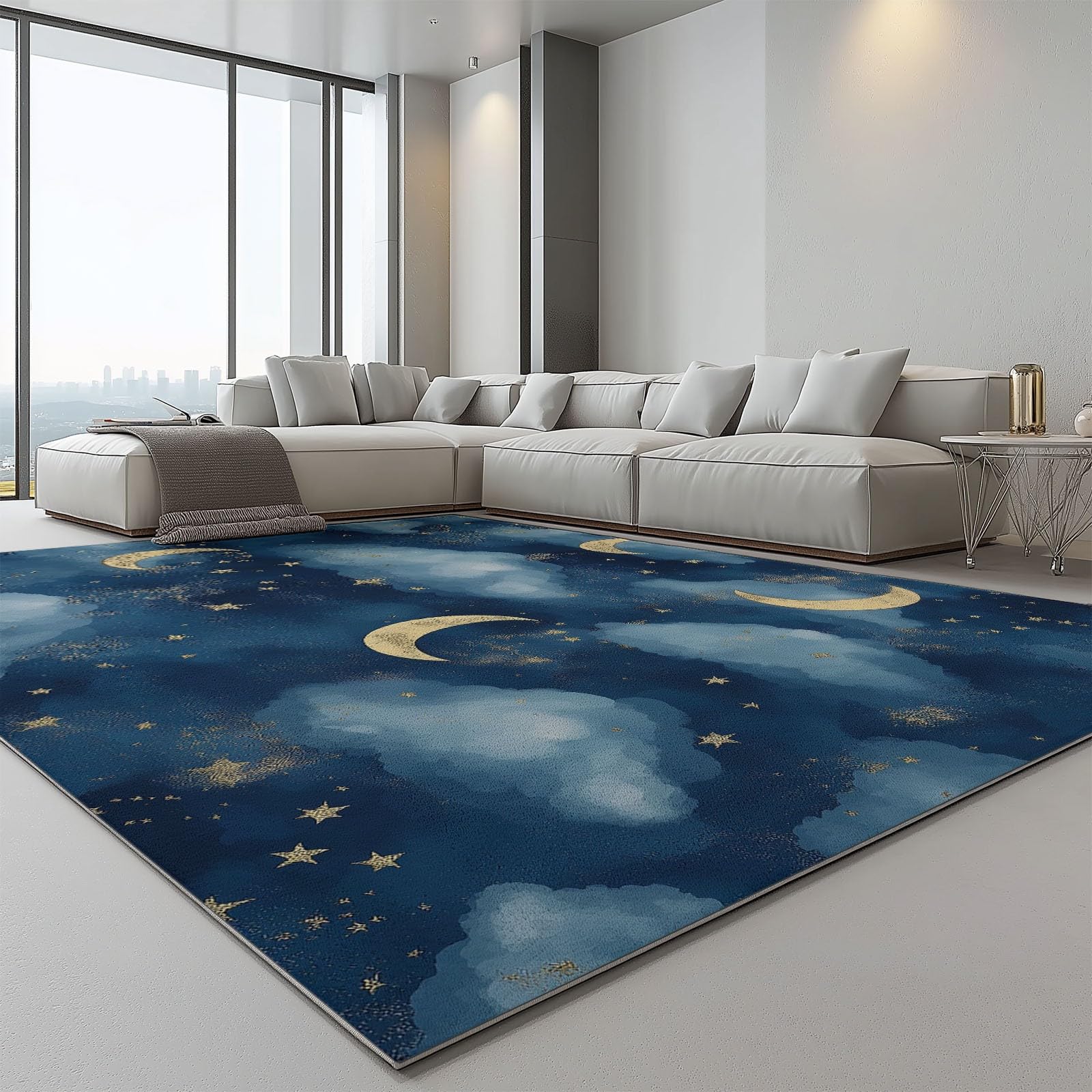 Lavabile in Lavatrice Tappeto per Soggiorno Camera da Letto Ufficio Decorazione 120 x 180 cm, Stile Acquerello Cartone Animato Nuvole Luna Tema Flanella Tappeti con Supporto Antiscivolo, Blu Scuro