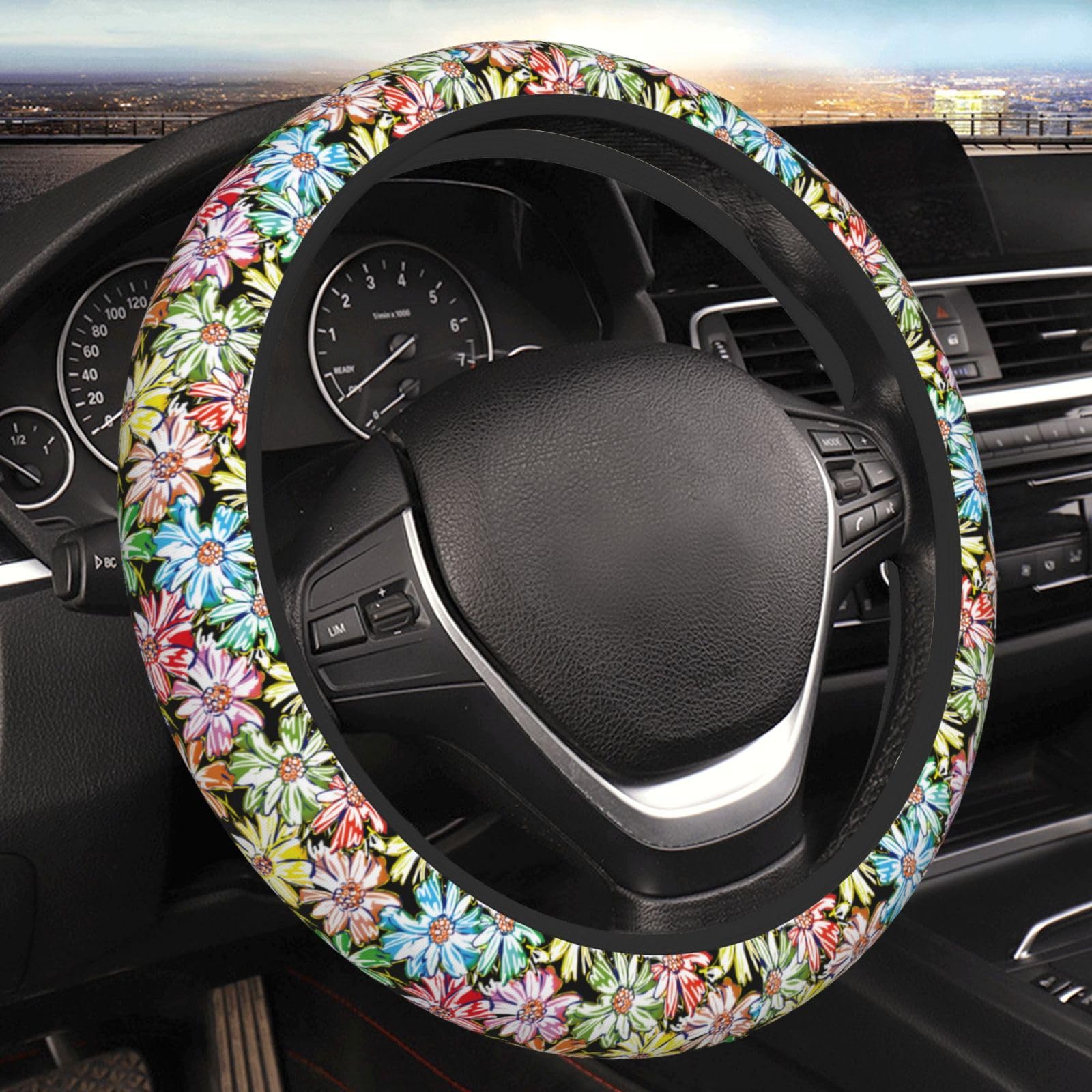 Bright Daisy Aesthetic Steering Wheel Cover for Women Men Girls Car Accessories Decor Anti-Slip Neoprene Auto Steering Wheel Covers Protector Universal 15 Inch