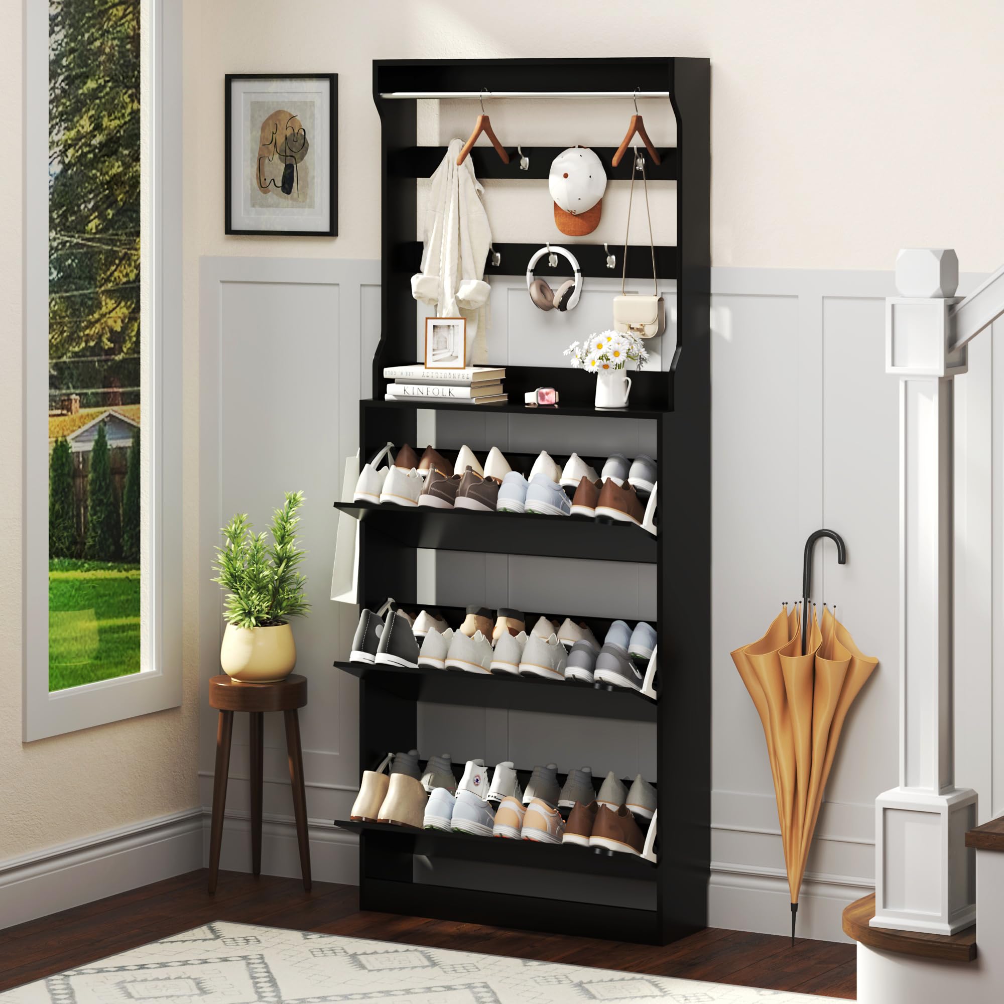 Shoe Cabinet for Entryway with 3 Flip Drawers, Black Tall Wood Shoe Storage Cabinet with Coat Rack, Narrow Hidden Slim Freestanding Shoe Rack Organizer, 2 in 1 Hall Tree for Living Room, Hallway