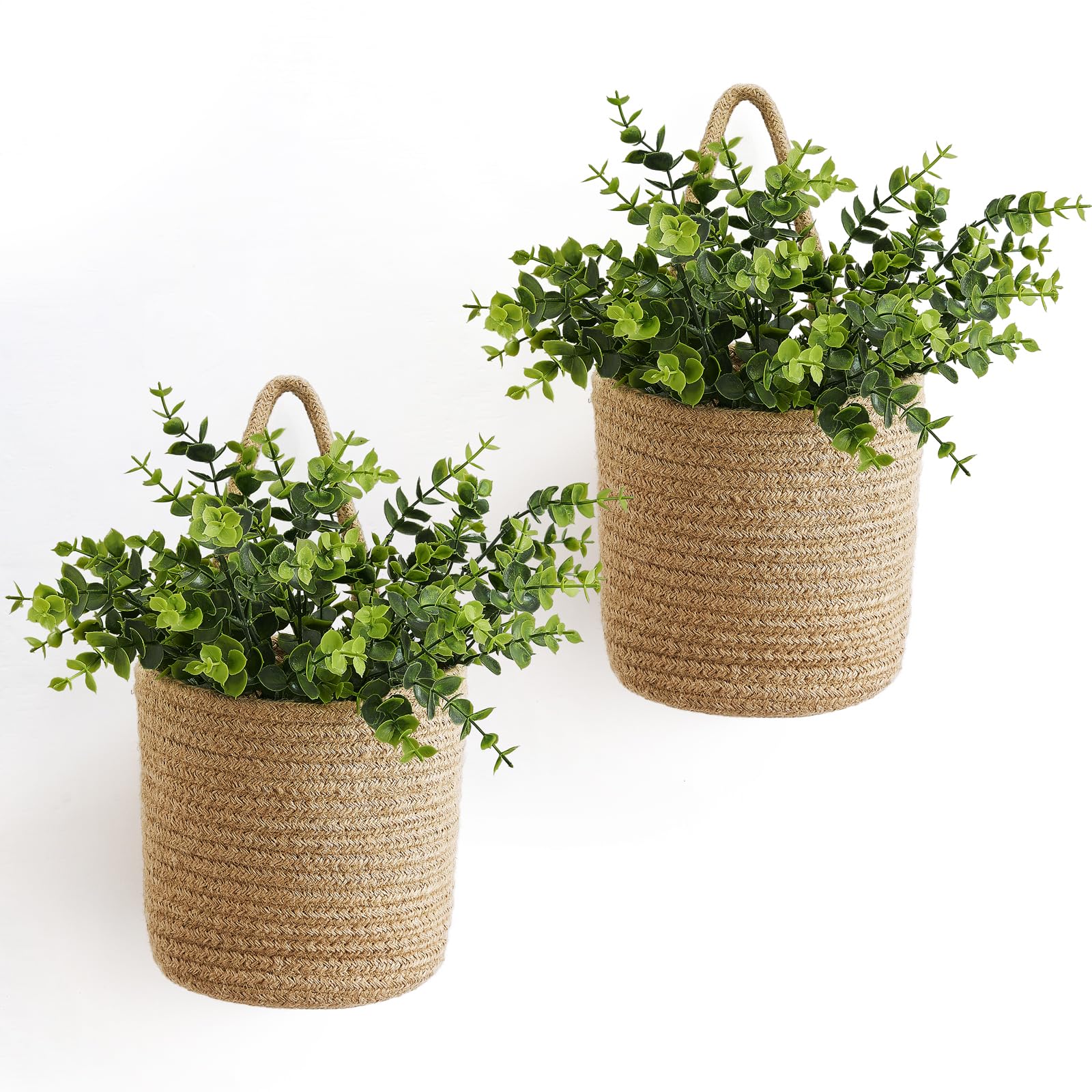 Dahey 2 Pack Wall Hanging Rope Basket with Artificial Eucalyptus, 6.5"W×6.7"H Jute Woven Storage Organizer Flower Plants Basket Farmhouse Rustic Wall Decor for Porch Living Room Bedroom Entryway,Brown