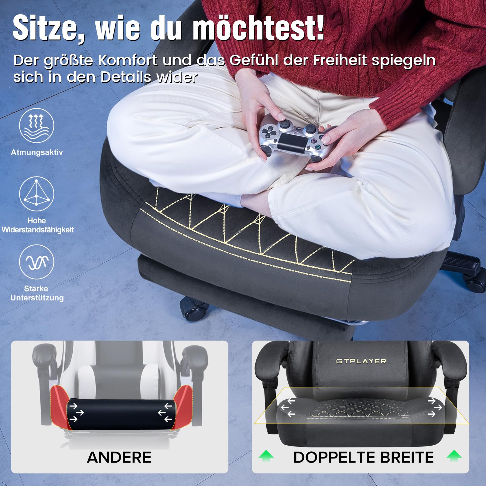 GTPLAYER Sedia da gaming, in tessuto, ergonomica, per ufficio, in PC, portata 150 kg, regolabile e girevole, con cuscino a molla e poggiapiedi, grigio