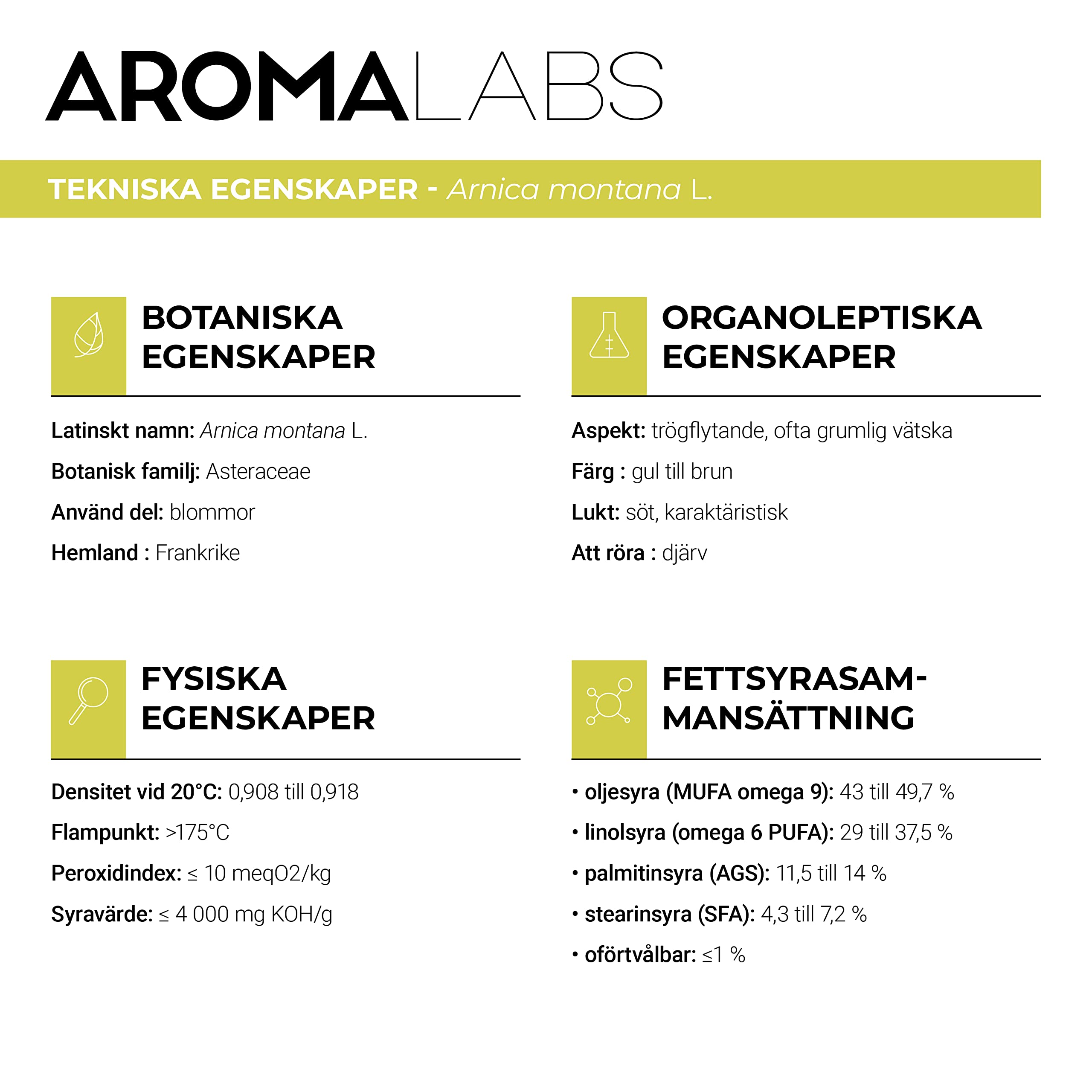 ORGANICZNY - ARNICA Olej Roślinny - 50mL - 100% czysty, naturalny, tłoczony na zimno i certyfikowany Cosmos - AROMA Labs (Marka francuska)