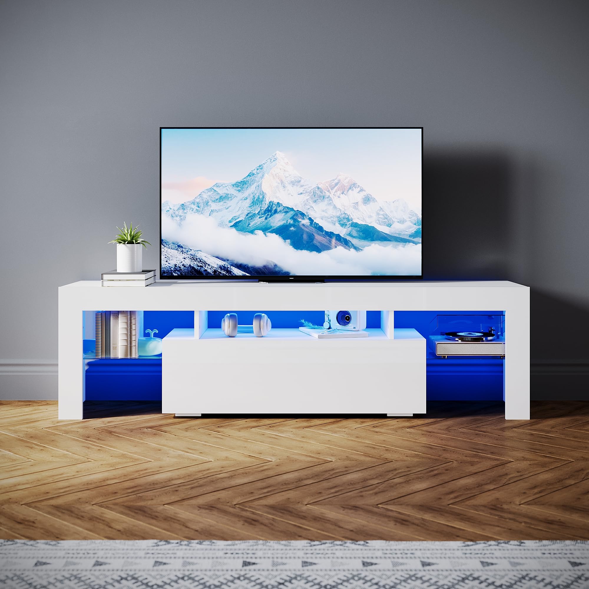 SONNI Meuble TV moderne de 160 cm, blanc brillant avec éclairage LED, tiroir, étagères en verre ouvertes, pour TV jusqu'à 65" salon et chambre à coucher, 160 x 35 x 45 cm