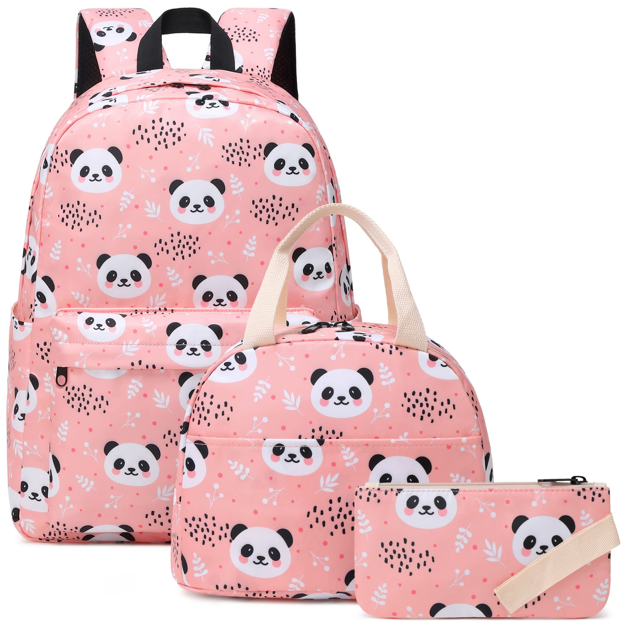 Kouxunt Panda Girls School Backpacks for Kids Teens, 3-in-1 School Bag Bookbags Set with Lunch Bag Pencil Case (Pink)