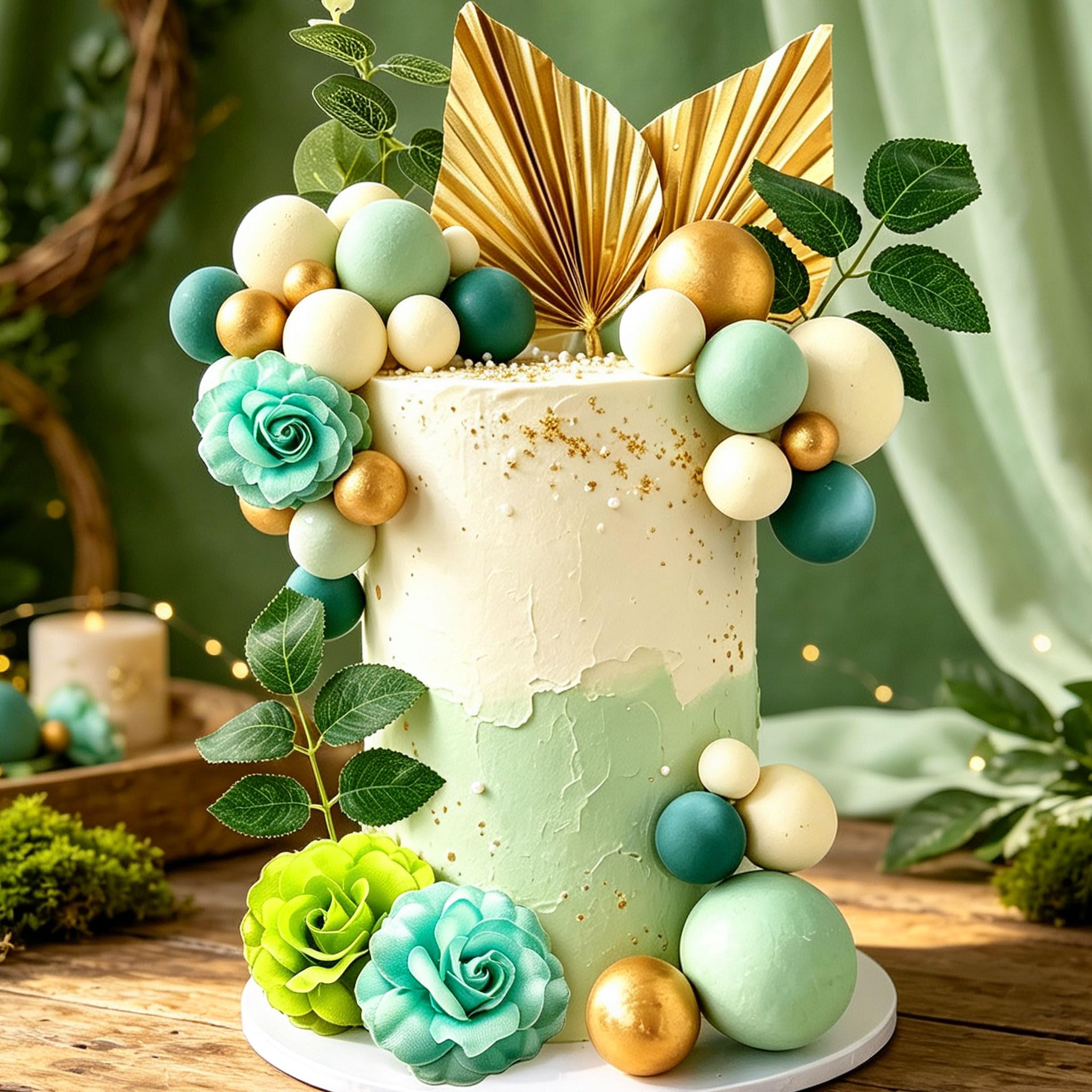 LaVenty Green Ball Rose Cake Toppers Palm Leaves Flower Cake Decorations