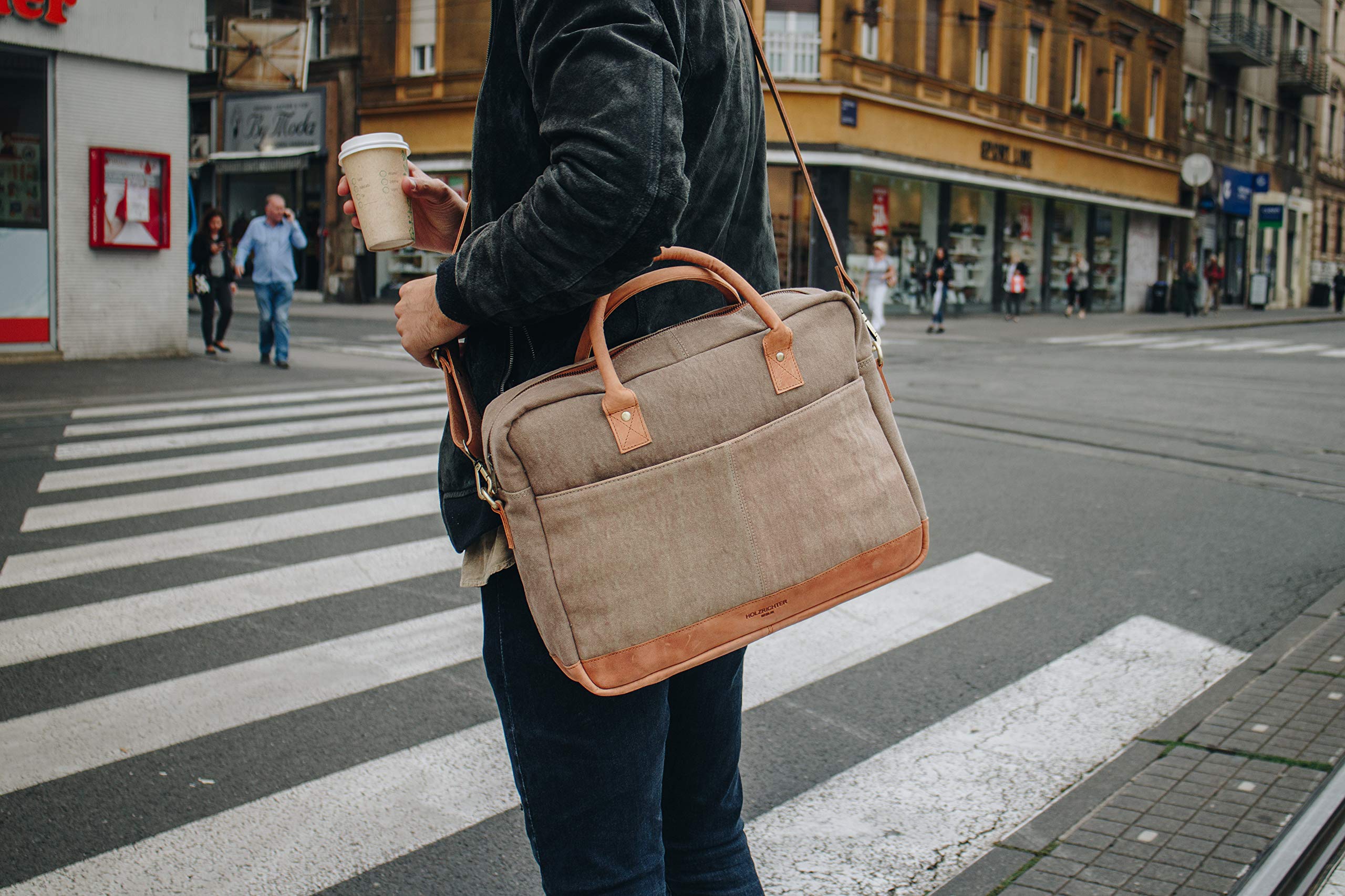 HOLZRICHTER Berlin - Aktentasche für Herren aus Canvas und Echtleder, 30 x 39 x 10 cm, 15" Laptoptasche mit Reisverschluss, Briefcase handgefertigt, No 1-2