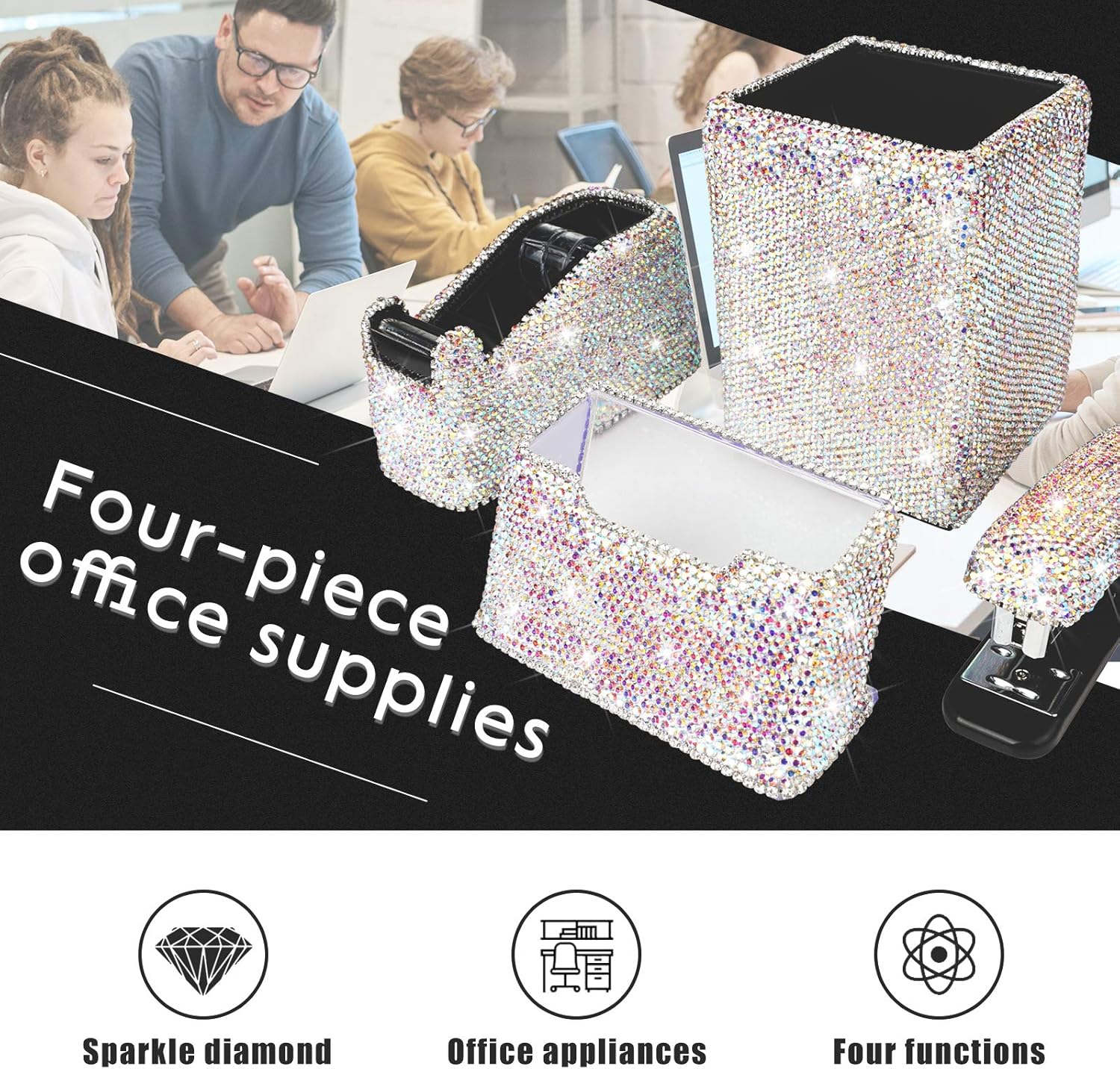 Bling Crystal Luxury Handmade Diamond Square Pencil Pen Pot Holder & Stapler & Card Holder & Desktop Tape Dispenser Office Stationery Kit for Fashion Girls Women(AB Color)