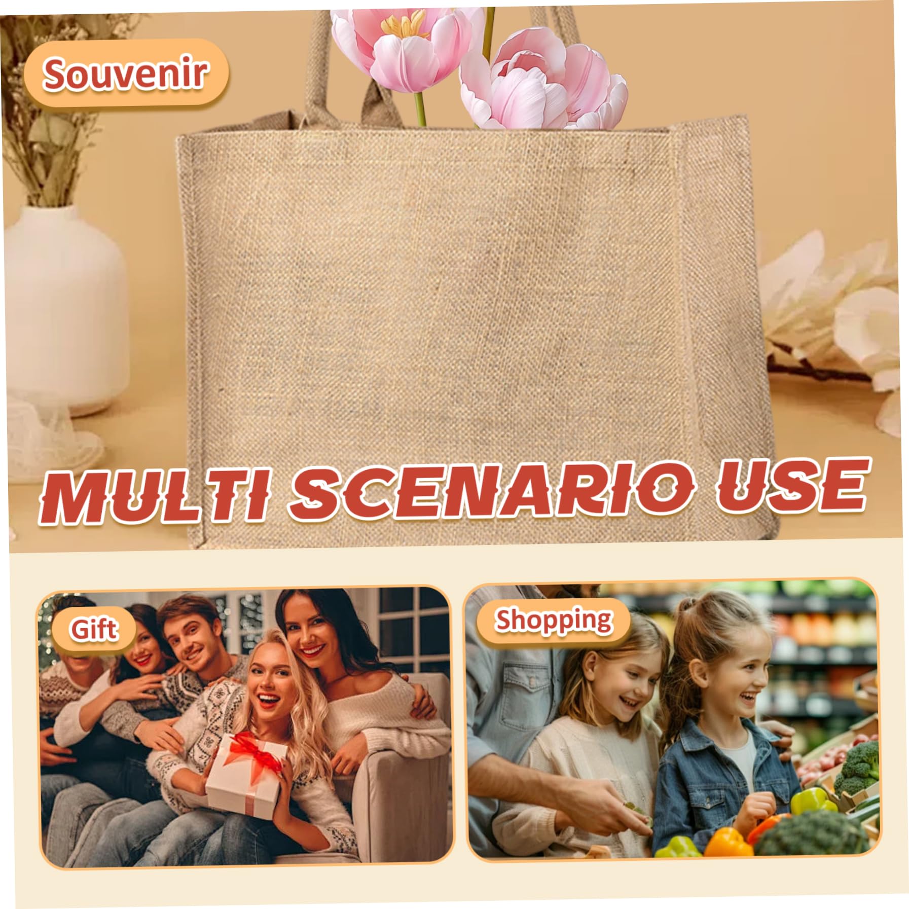 Sacs en toile de jute lot de 6 30x38x14 cm sacs fourre-tout robustes avec poignées parfaits pour le shopping les courses les mariages et les sorties.