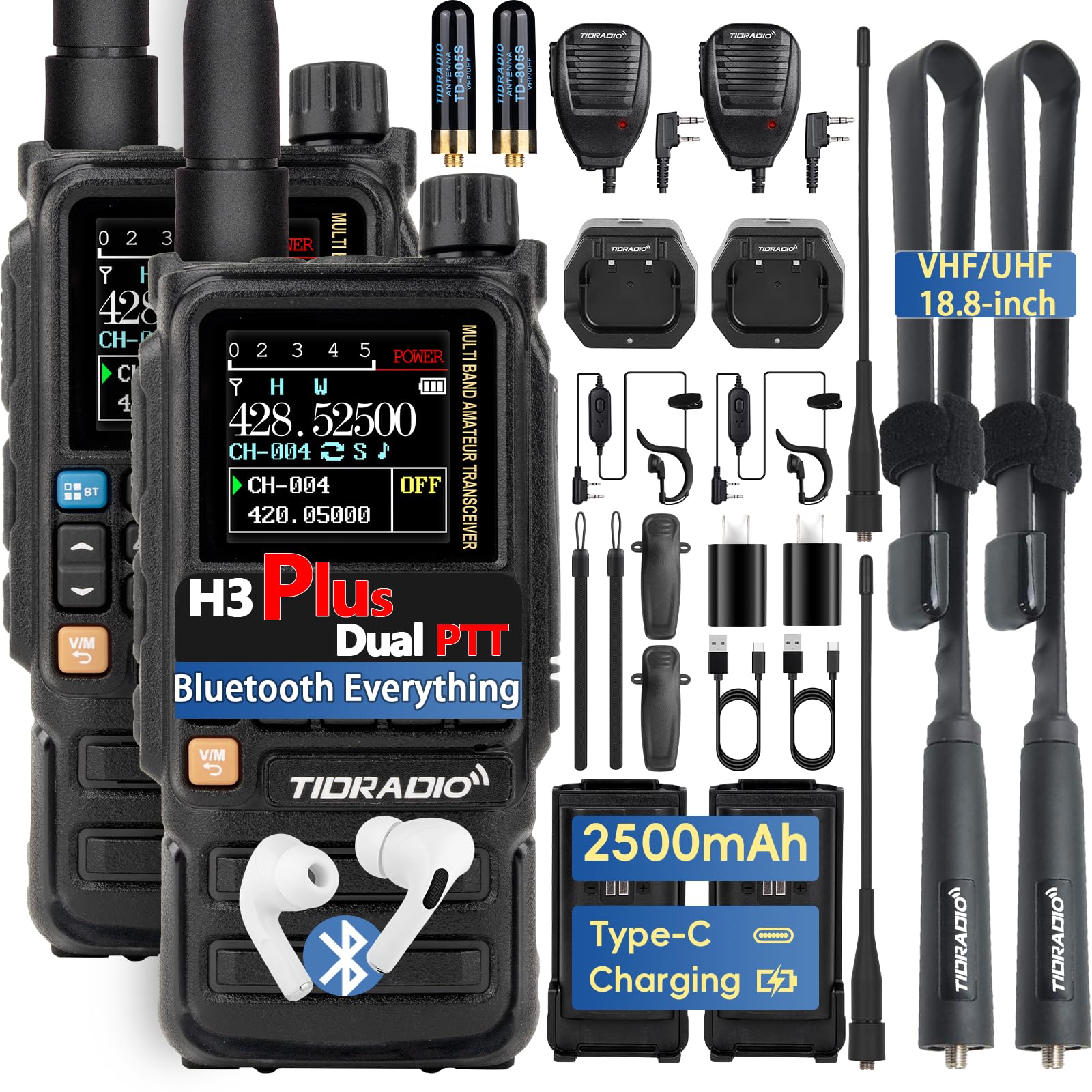 TIDRADIO TD-H3 Plus Ham Radio Handheld, Bluetooth-Headphone-connectable, Web Upgrade, APP PC Wireless Programming, 8-Band Long Range Walkie Talkies NOAA Weather Two-Way Radio