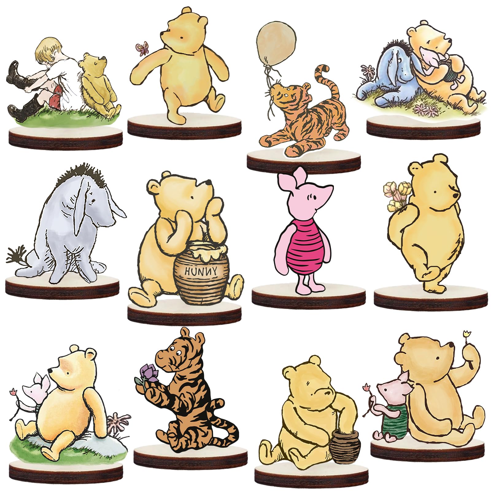 Winnie Centerpieces for Baby Shower Decorations Classic The Pooh Wood Cutout Shapes Creatures Table Toppers Birthday Party Supplies