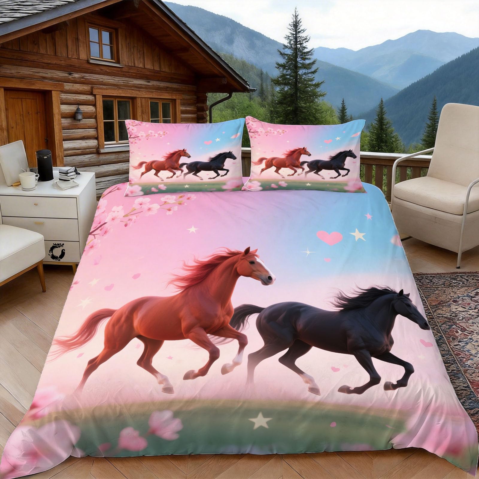 3D Single Duvet Cover Set 3D Printed Horses Steed Pattern Bedding, Love Heart Soft Microfibre Duvet Cover Sets Quilt Cover and Pillow Set with Zipper 3 Pcs