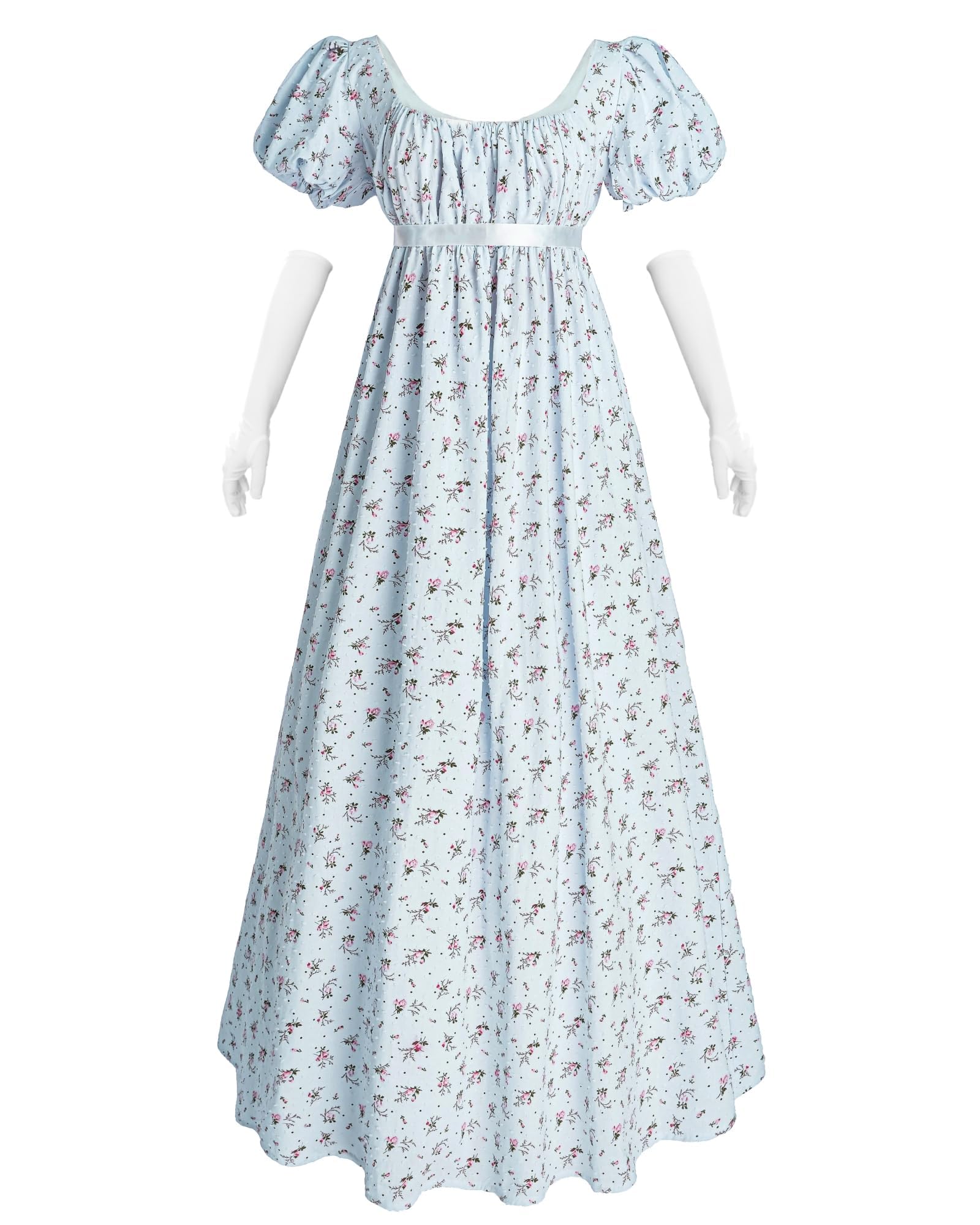 NSPSTT Regency - Abito da donna floreale Regency Era con vita imperiale, abito lungo da tè con guanti
