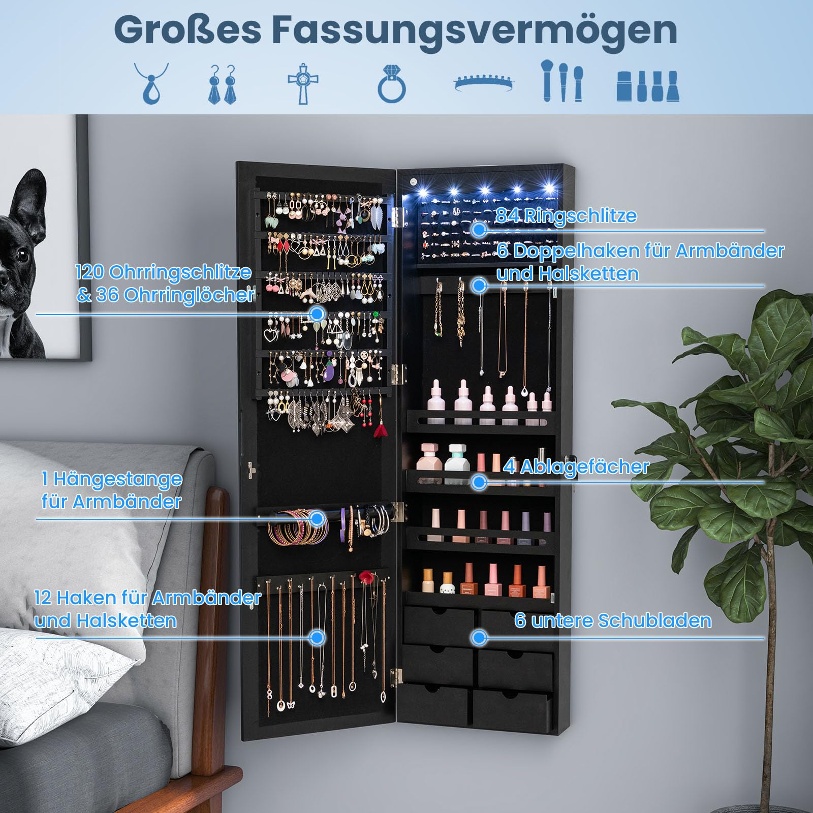COSTWAY Schmuckschrank mit LED Beleuchtung, 6 Schubladen und Spiegel, Sipegelschrank hängend, Hängeschrank für Tür und Wandmontage, abschließbar (Schwarz)