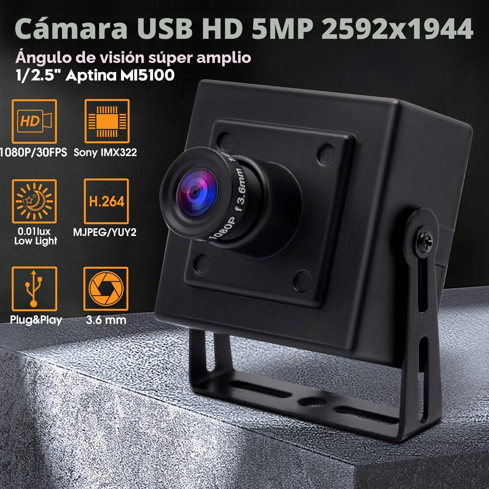 Svpro Cámara Full HD 1080P Low Light USB con carcasa de aluminio, sensor IMX323 Mini USB Webcam 2MP H.264 USB con micrófono digital integrado para PC o proyecto integrado