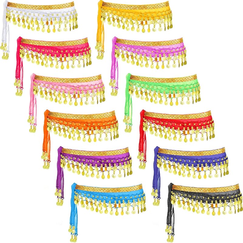 Zhanmai 12 Pcs Belly Dance Hip Scarf Belt with 98 Coins Belly Dancing Skirt Chiffon 12 Colors Dancer Hip Scarves