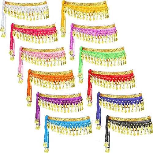 Zhanmai 12 Pieces Belly Dance Hip Scarf Belt with Coins Belly Dancing Skirt Chiffon 12 Colors Waist Chain Dance Hip Scarf
