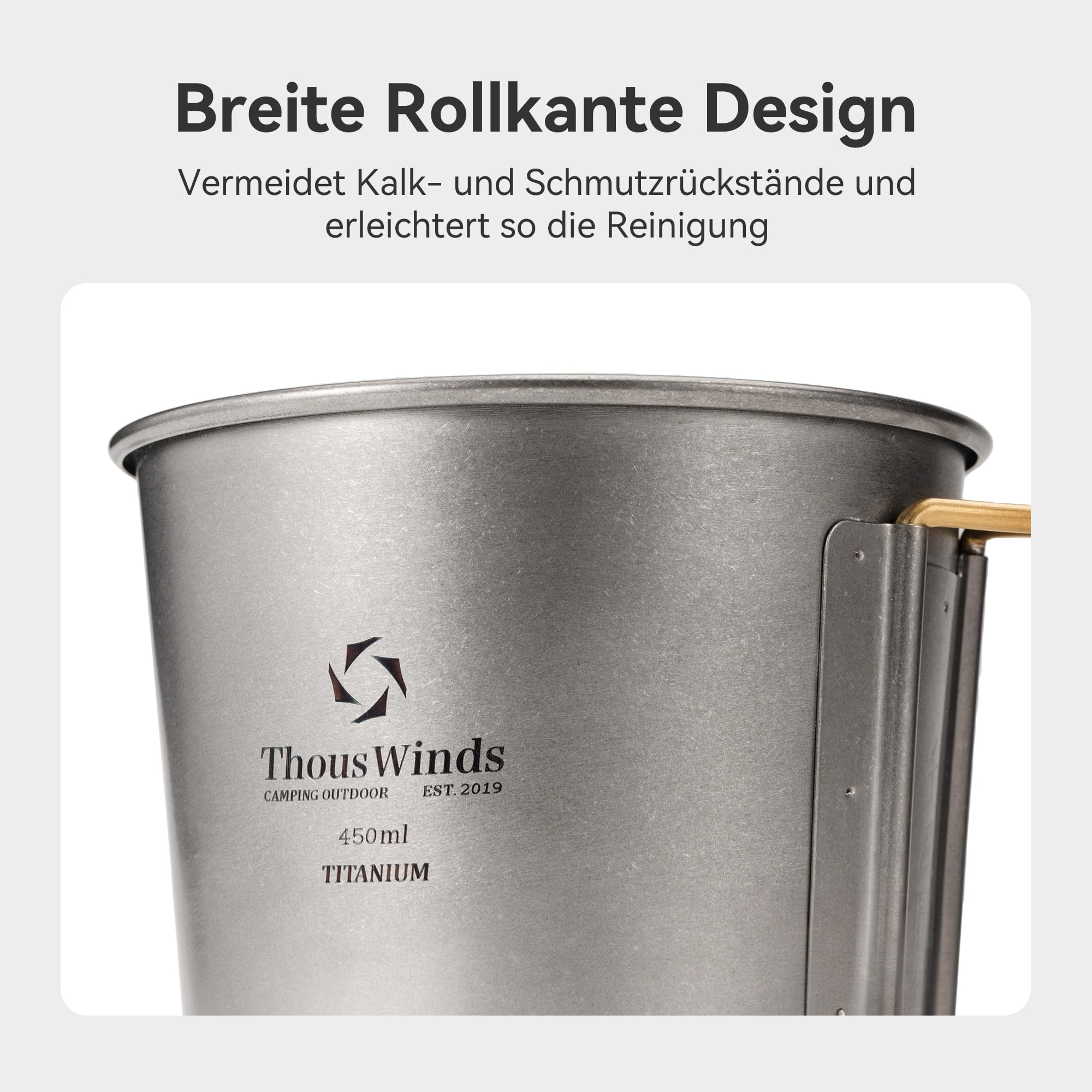 Thous Winds Titan Outdoor Tasse 350ml, Titan Camping Becher mit Deckel & Klappgriffen – Tragbare Becher Leichter Kaffeebecher für Camping, Wandern, Trekking, Kochen, Picknick