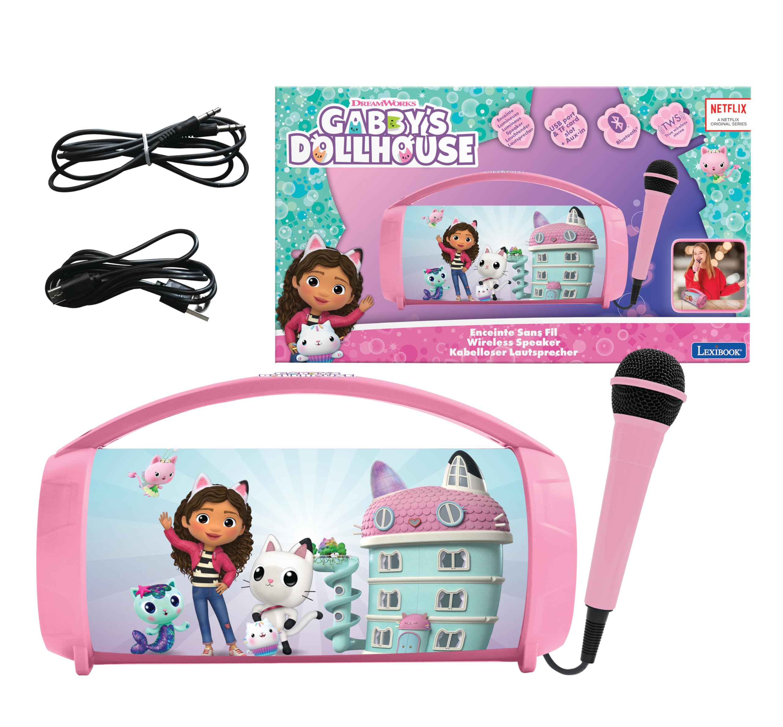 LEXIBOOK, Gabby's Dollhouse, Wireless light speaker with microphone, Stereo sound, Karaoke function, USB and SD card ports, Rechargeable battery, Carrying handle, Pink, BTP585GDHZ