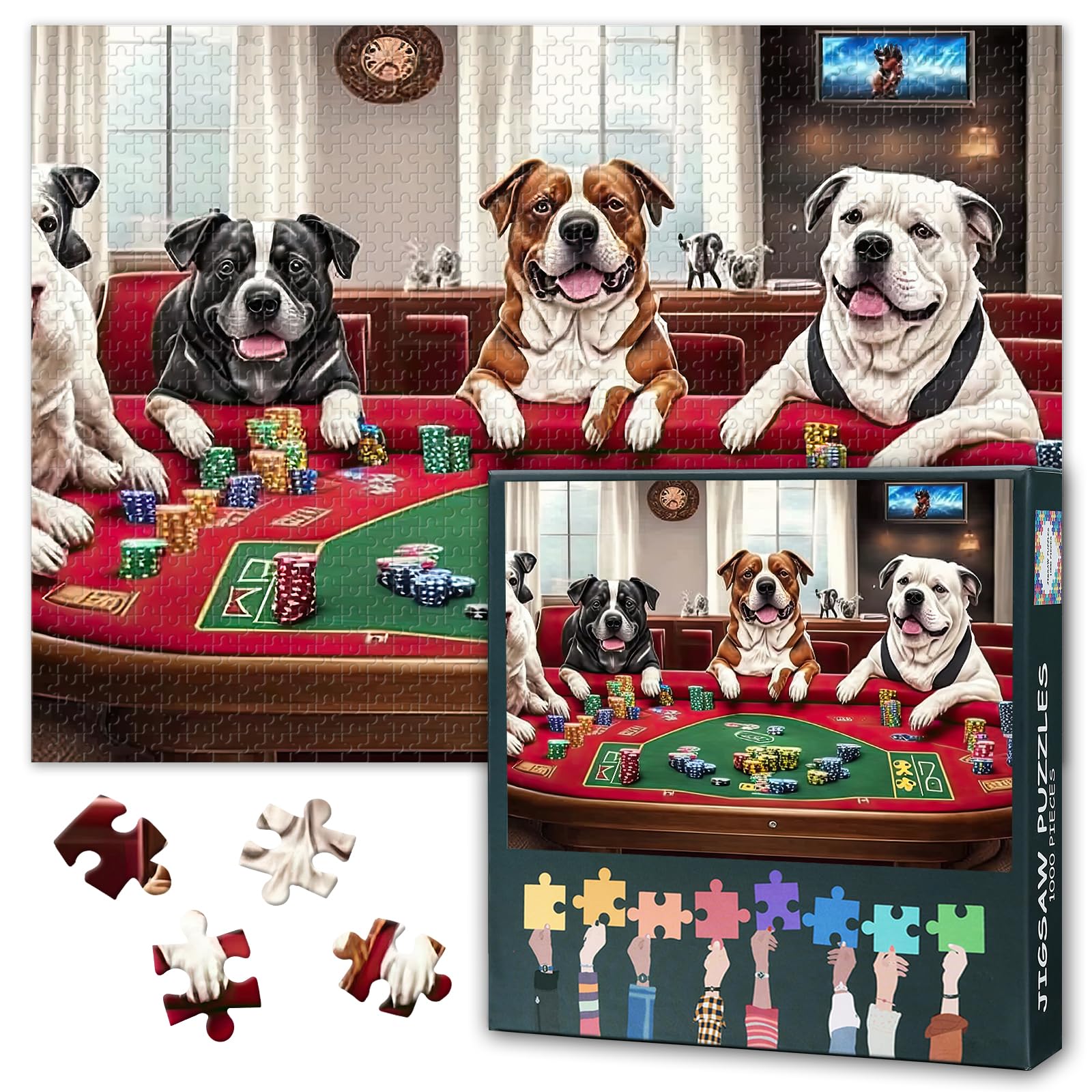 Jigsaw Puzzle 1000 Pieces for Adults Cute Dogs Playing Poker at the Casino Adult Puzzles, 1000 Piece Puzzles