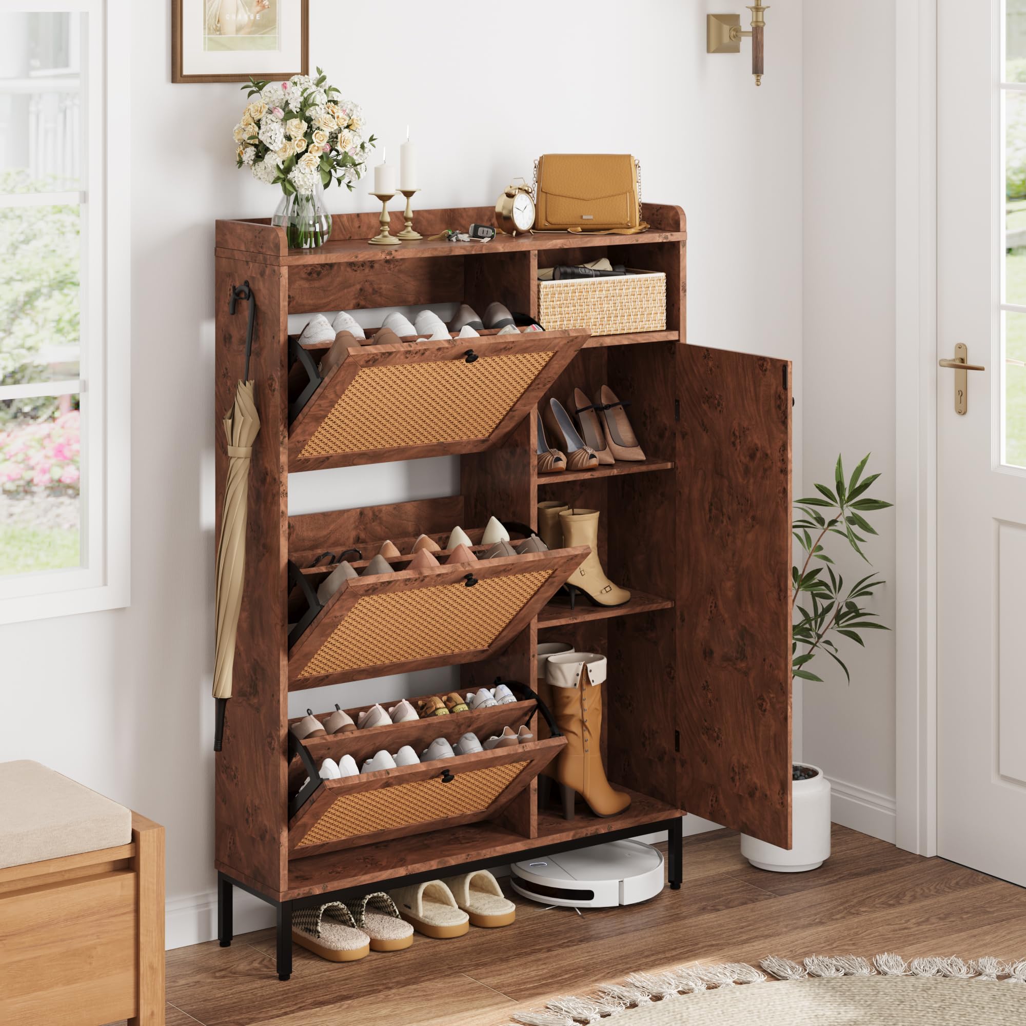 Photo 1 of **only piece ****GarveeHome Shoe Cabinet Rattan with 3 Flip Drawers and 4-Tier Shoe Storage Cabinet, Freestanding Shoe Organizer with Adjustable Shelves for Entryway, Closet, Hallway (Tree Pomegranate)
