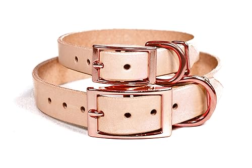 Miniatura 7 de Handmade Personalized Bridle Leather Dog Collar Engraved Pet Name, CopperRose Gold Tone Hardware (Natural Beige)