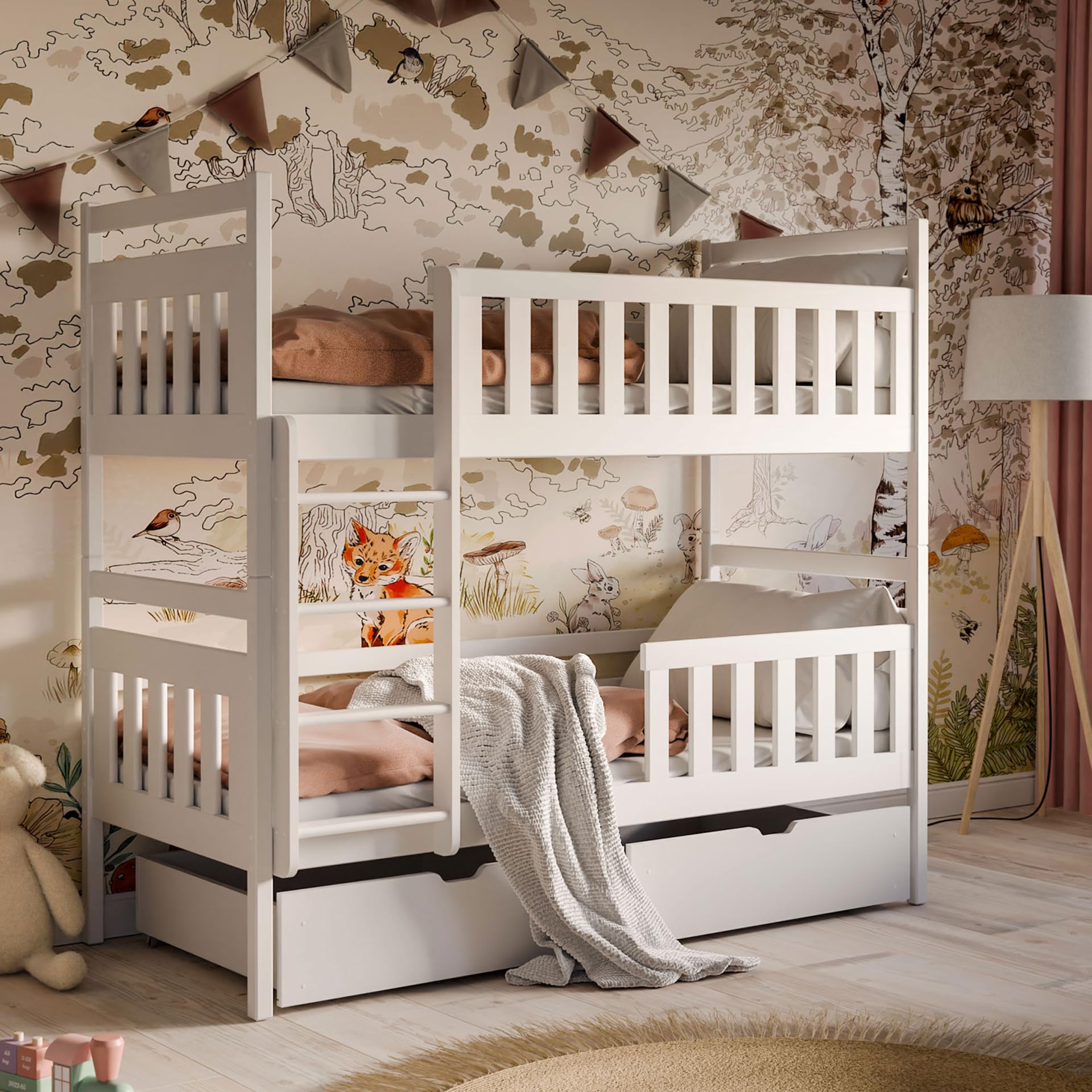 Hochbett 80x180 cm mit 2 Schubladen Etagenbett mit Rausfallschutz und Lattenrost, umbaubar in Zwei Kinderbetten, aus Vollholz massiv in weiß, Funktionsbett 80x180 cm von 3. bis 12. Lebensjahr
