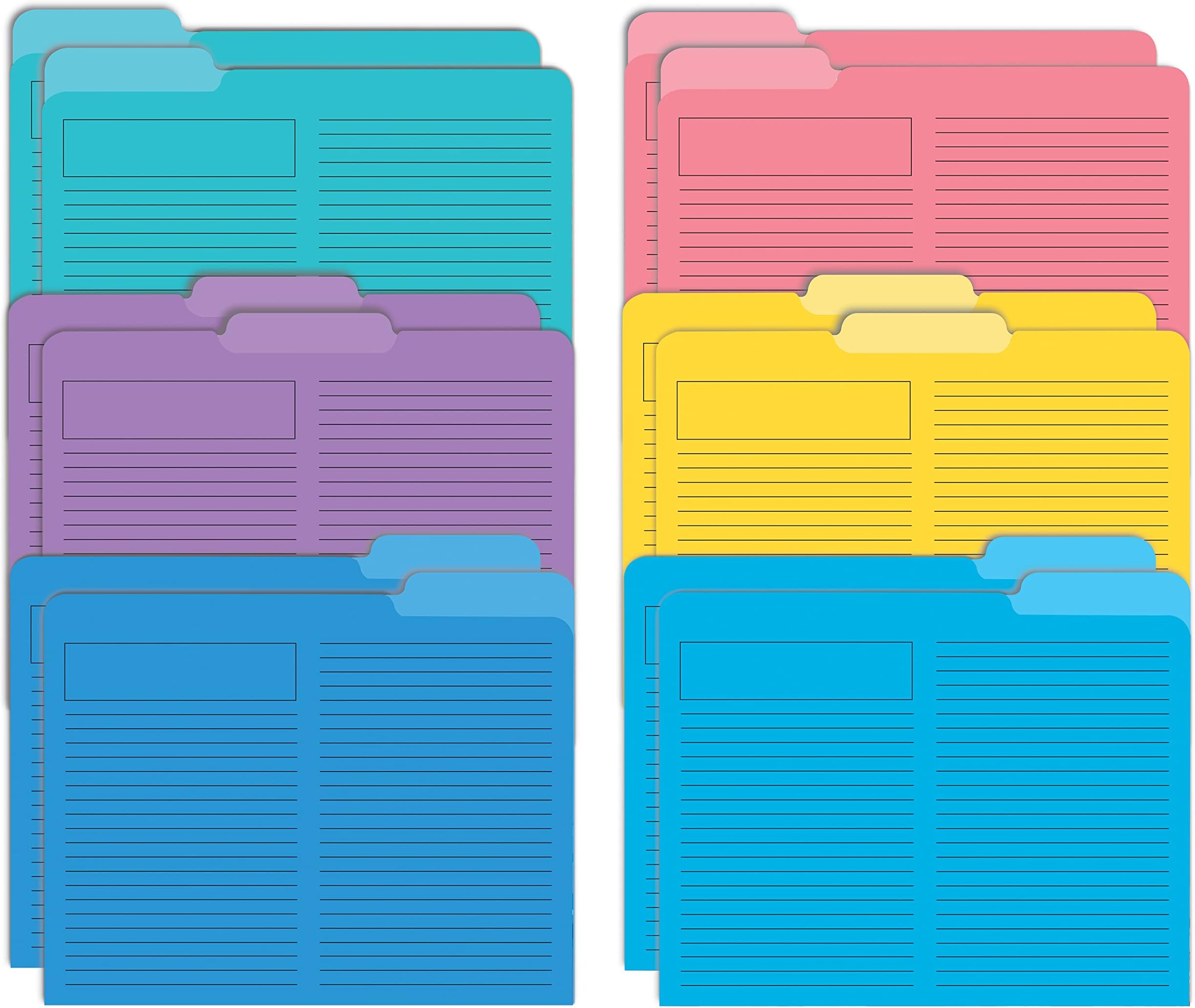 Better Office Products Lined File Folders, 12 Pack, Heavyweight, 1/3 Cut Tabs, 6 Vibrant Colors, Top Custom Subject Box, Letter Size Folders, 9.5" x 11.5",